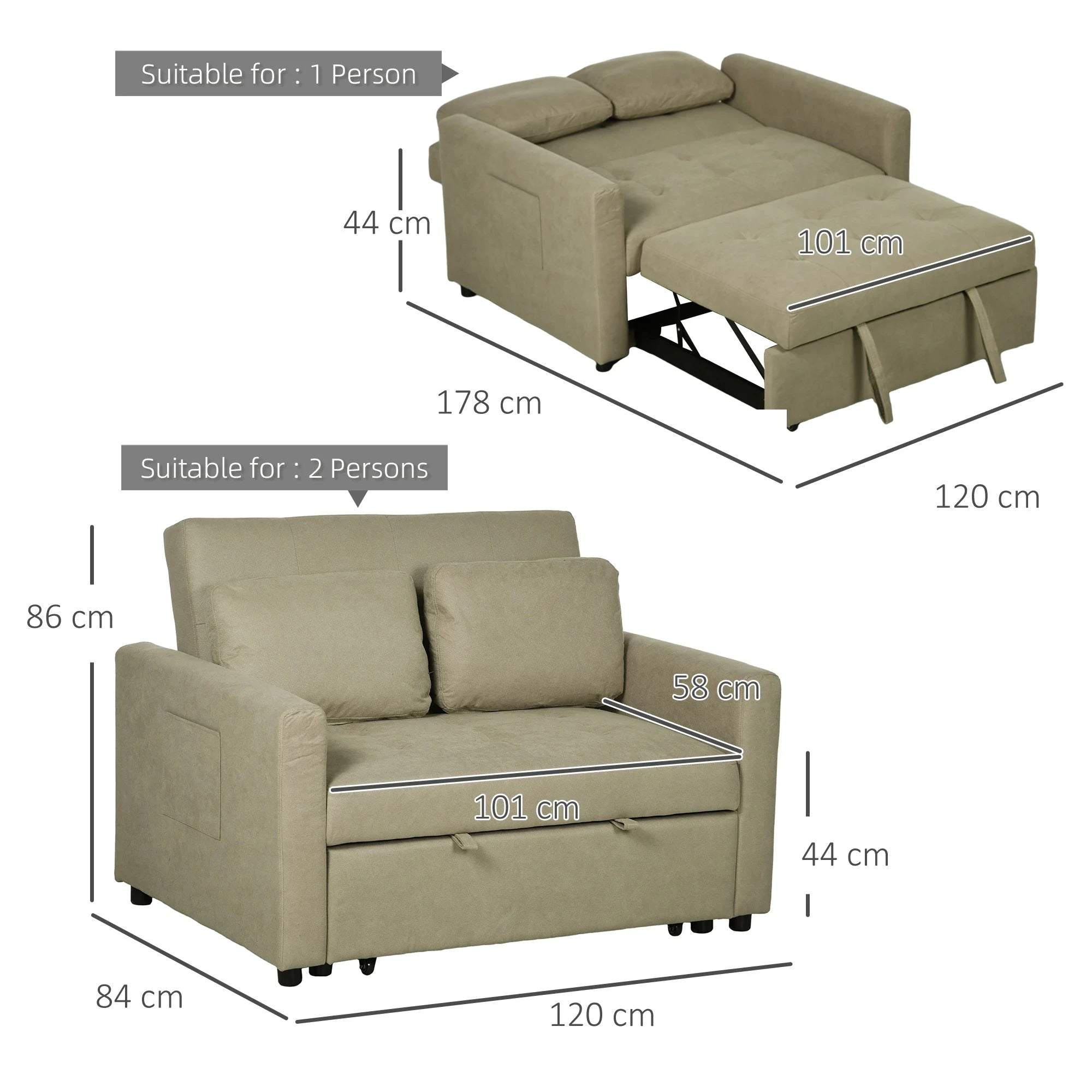 2-Seater Convertible Sofa Bed Settee with Cushions &amp; Side Storage Pockets sofa bed Manwatstore