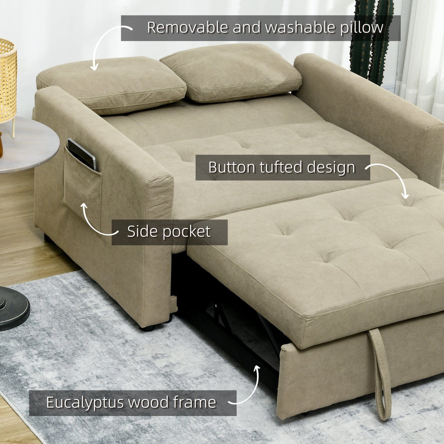 2-Seater Convertible Sofa Bed Settee with Cushions &amp; Side Storage Pockets sofa bed Manwatstore