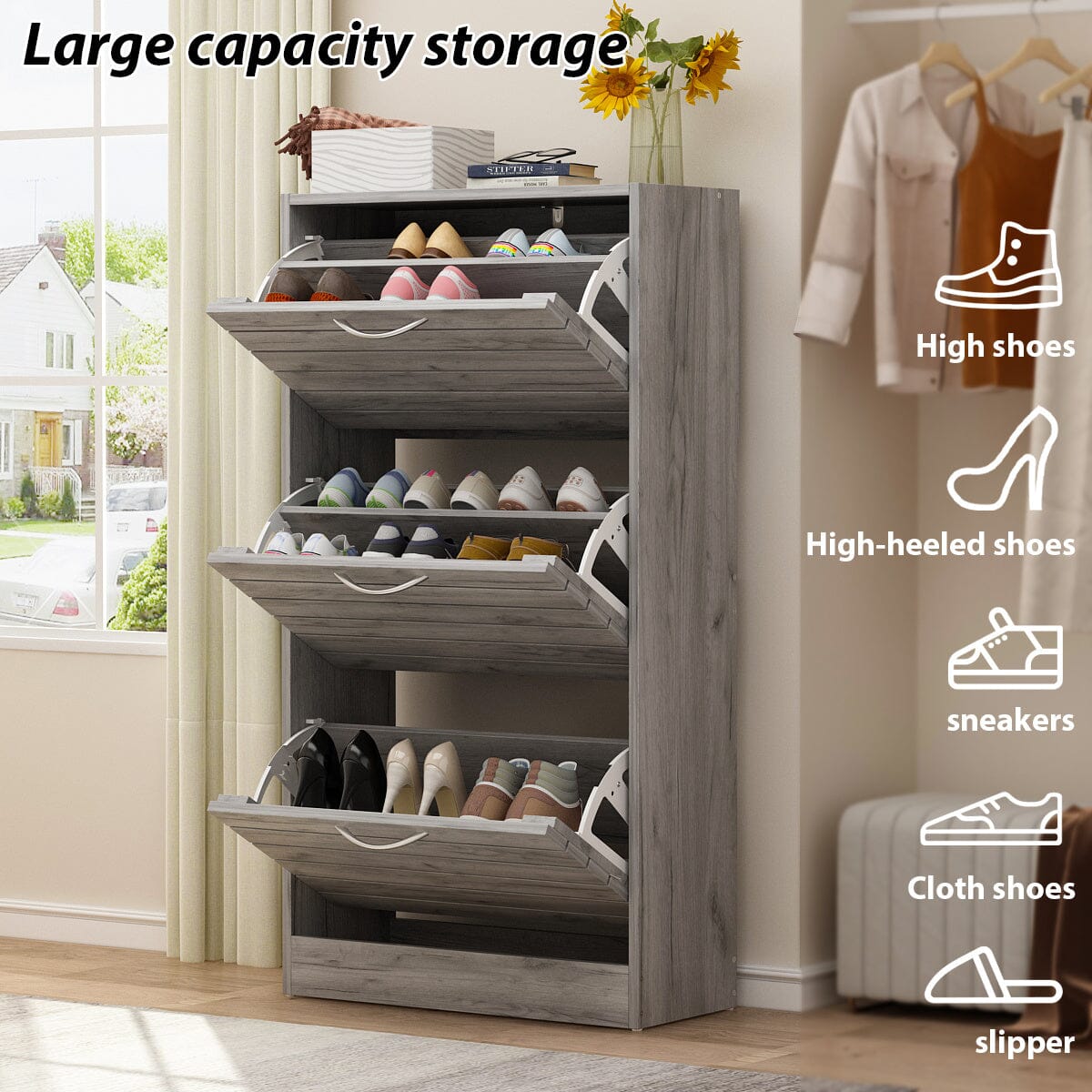 3-Drawer Shoe Storage Cabinet With Ventilate Doors, Wood 3-Tier Shoe Rack Storage Organizer For Entryway, Hallway Manwatstore