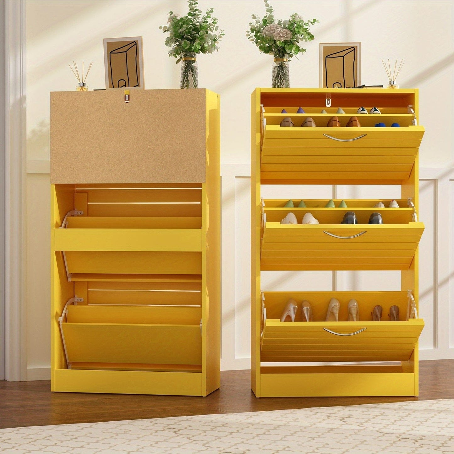 3-Drawer Shoe Storage Cabinet With Ventilate Doors, Wood 3-Tier Shoe Rack Storage Organizer For Entryway, Hallway Manwatstore