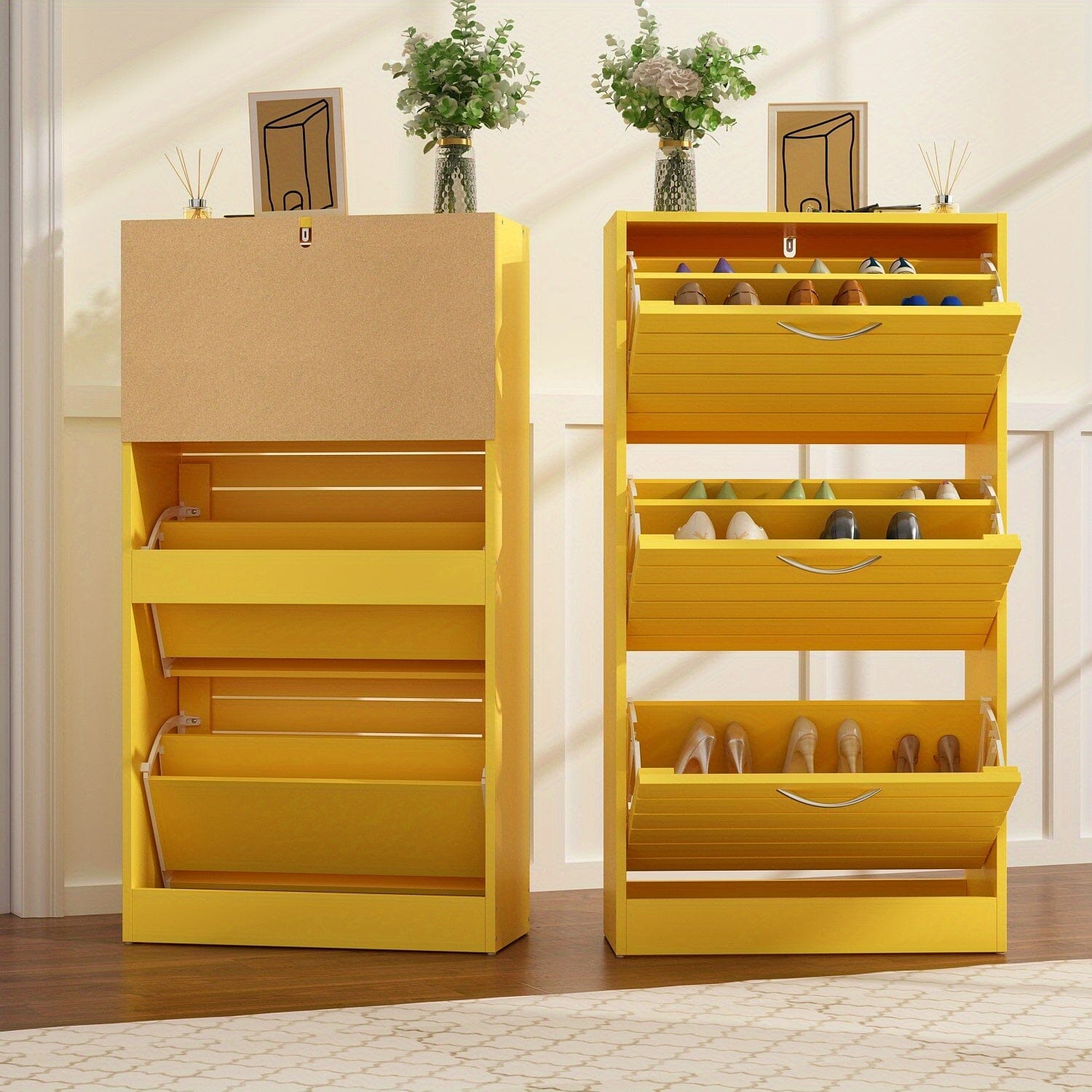 3-Drawer Shoe Storage Cabinet With Ventilate Doors, Wood 3-Tier Shoe Rack Storage Organizer For Entryway, Hallway Manwatstore