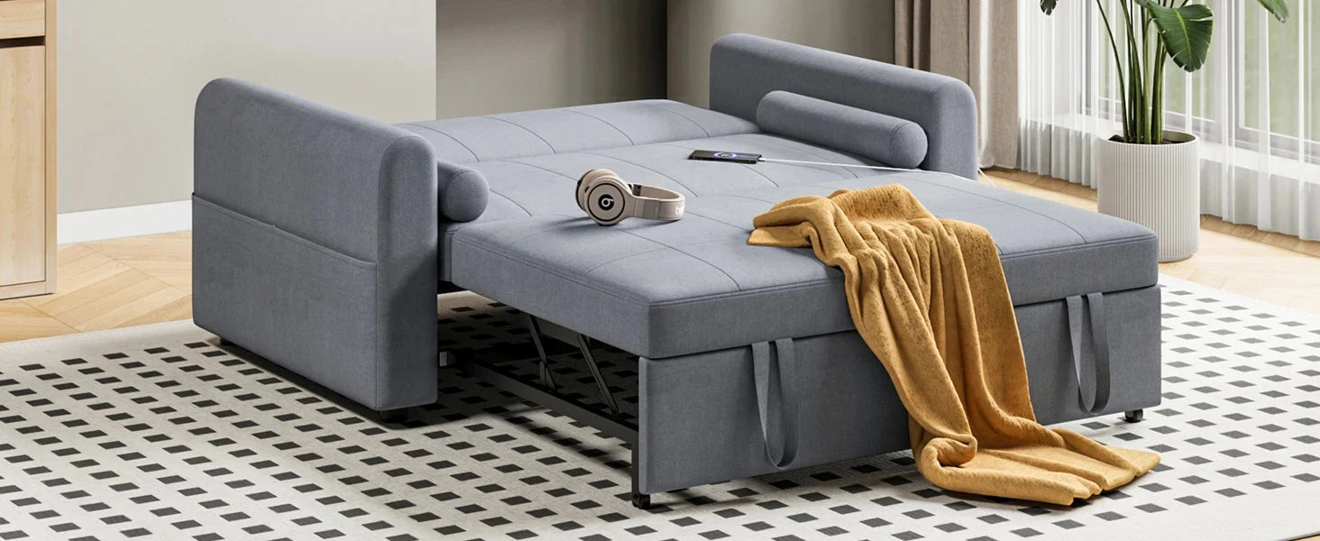 3-in-1 Convertible 2-Seater Sofa Bed with USB &amp; Storage Pockets Sofa Bed For Livingroom Manwatstore
