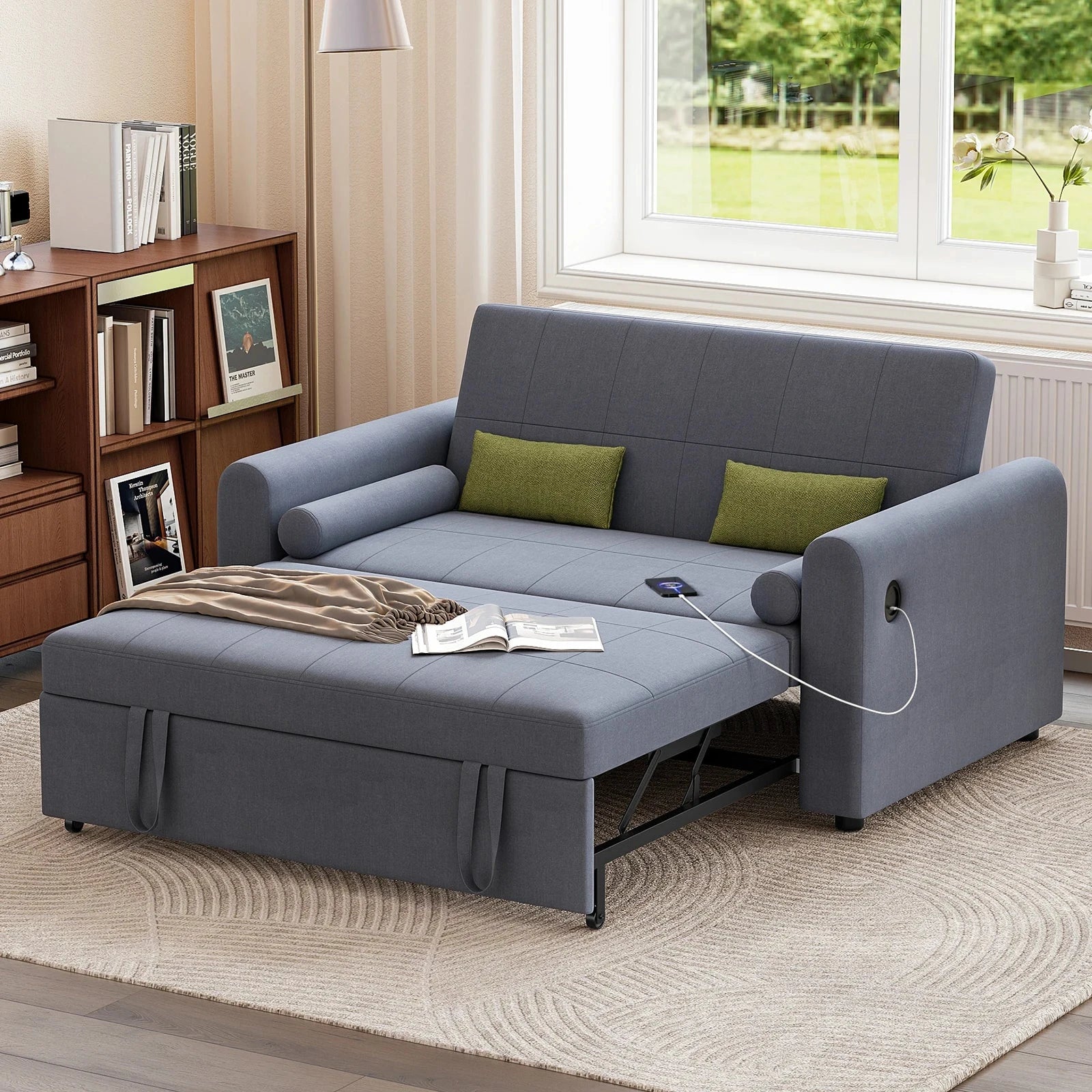 3-in-1 Convertible 2-Seater Sofa Bed with USB &amp; Storage Pockets Sofa Bed For Livingroom Manwatstore