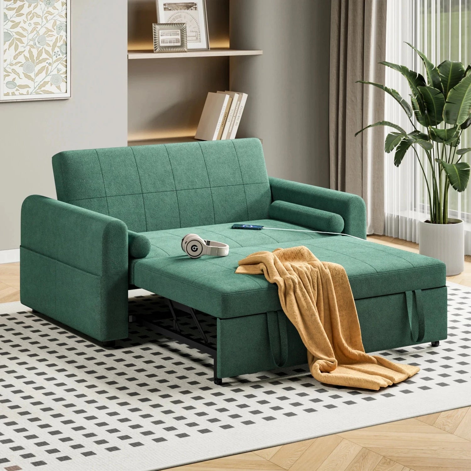3-in-1 Convertible 2-Seater Sofa Bed with USB &amp; Storage Pockets Sofa Bed For Livingroom Manwatstore