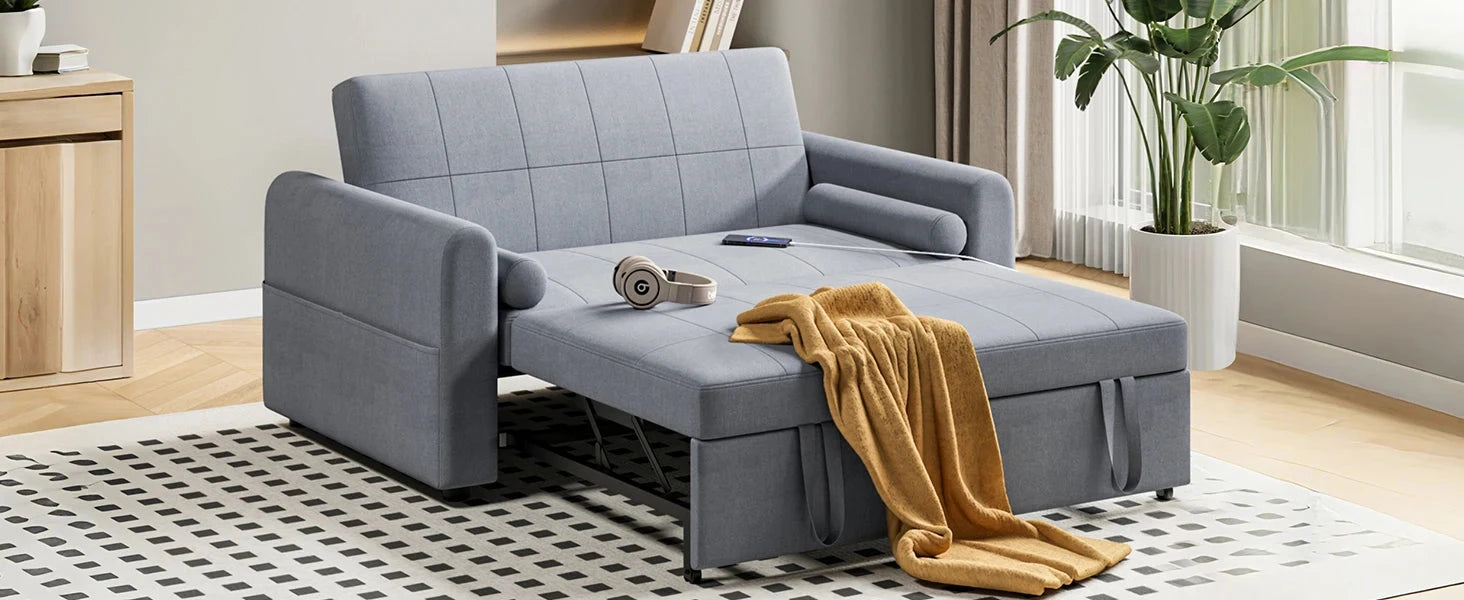 3-in-1 Convertible 2-Seater Sofa Bed with USB &amp; Storage Pockets Sofa Bed For Livingroom Manwatstore