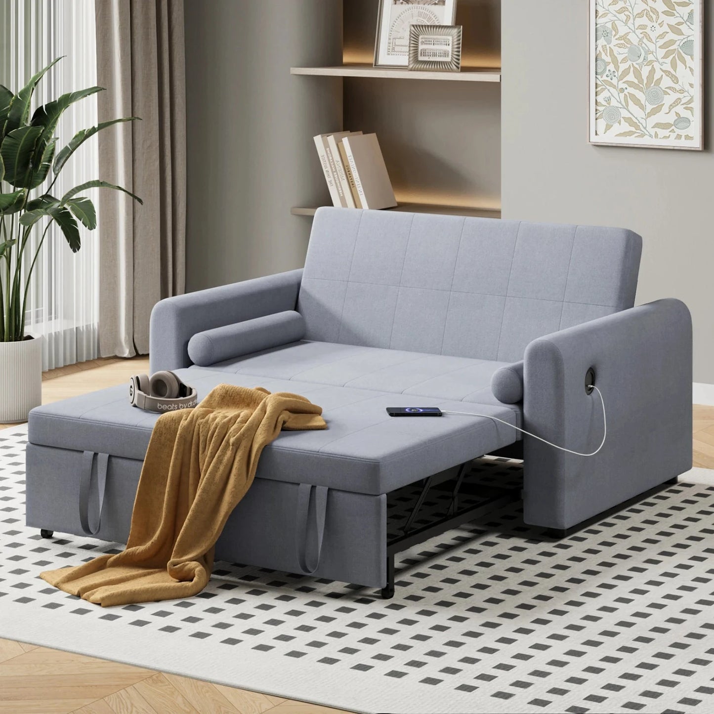 3-in-1 Convertible 2-Seater Sofa Bed with USB & Storage Pockets Sofa Bed For Livingroom Manwatstore