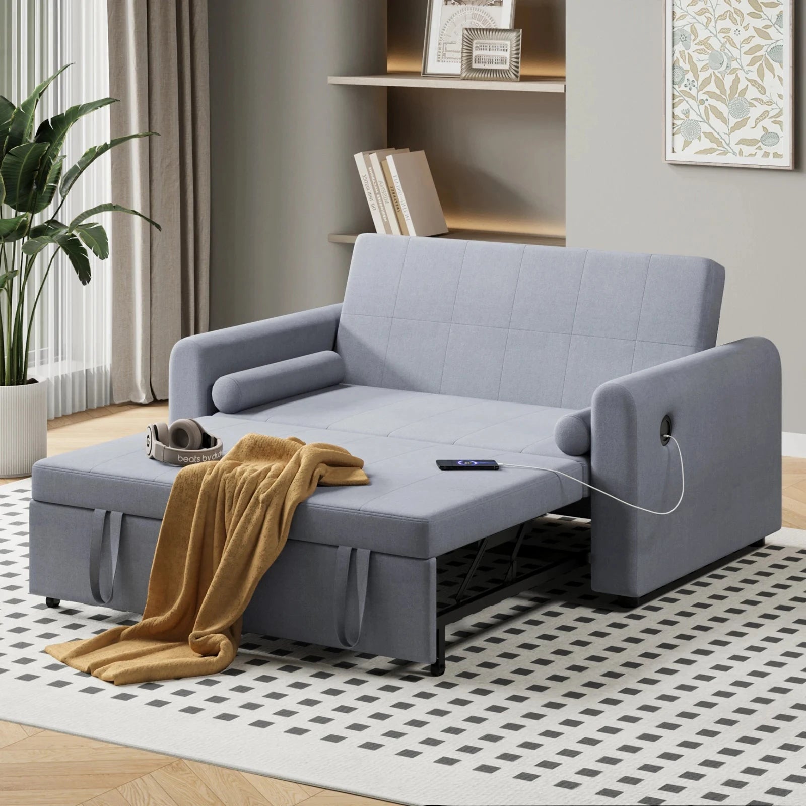 3-in-1 Convertible 2-Seater Sofa Bed with USB &amp; Storage Pockets Sofa Bed For Livingroom Manwatstore