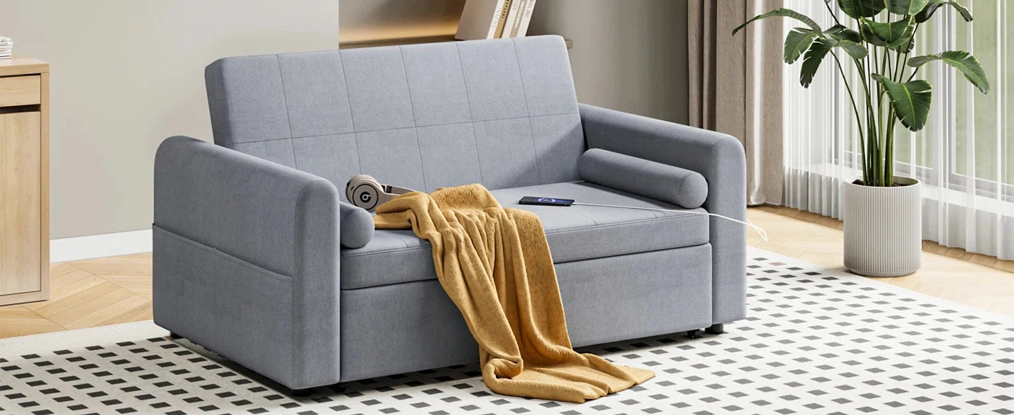 3-in-1 Convertible 2-Seater Sofa Bed with USB &amp; Storage Pockets Sofa Bed For Livingroom Manwatstore