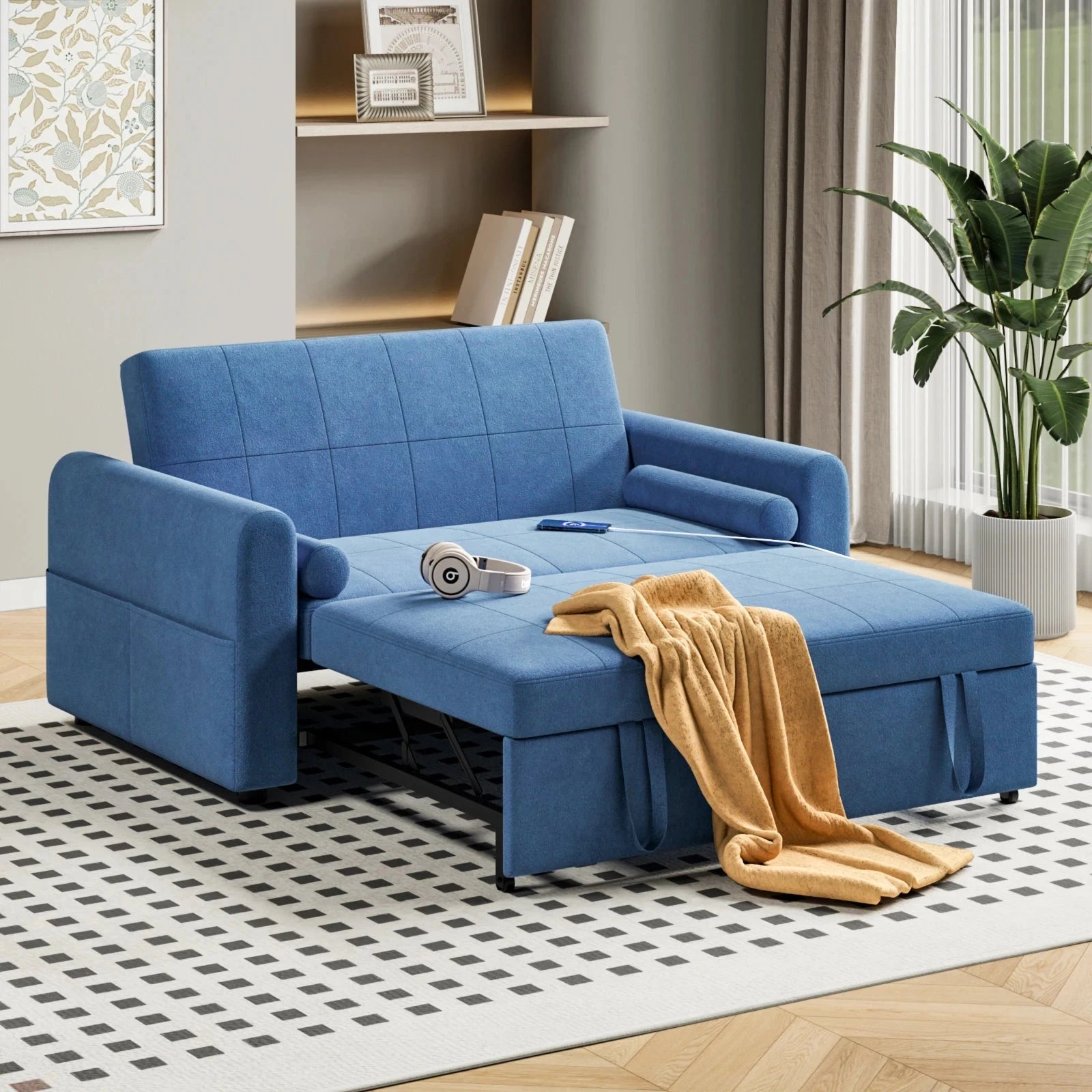 3-in-1 Convertible 2-Seater Sofa Bed with USB &amp; Storage Pockets Sofa Bed For Livingroom Manwatstore