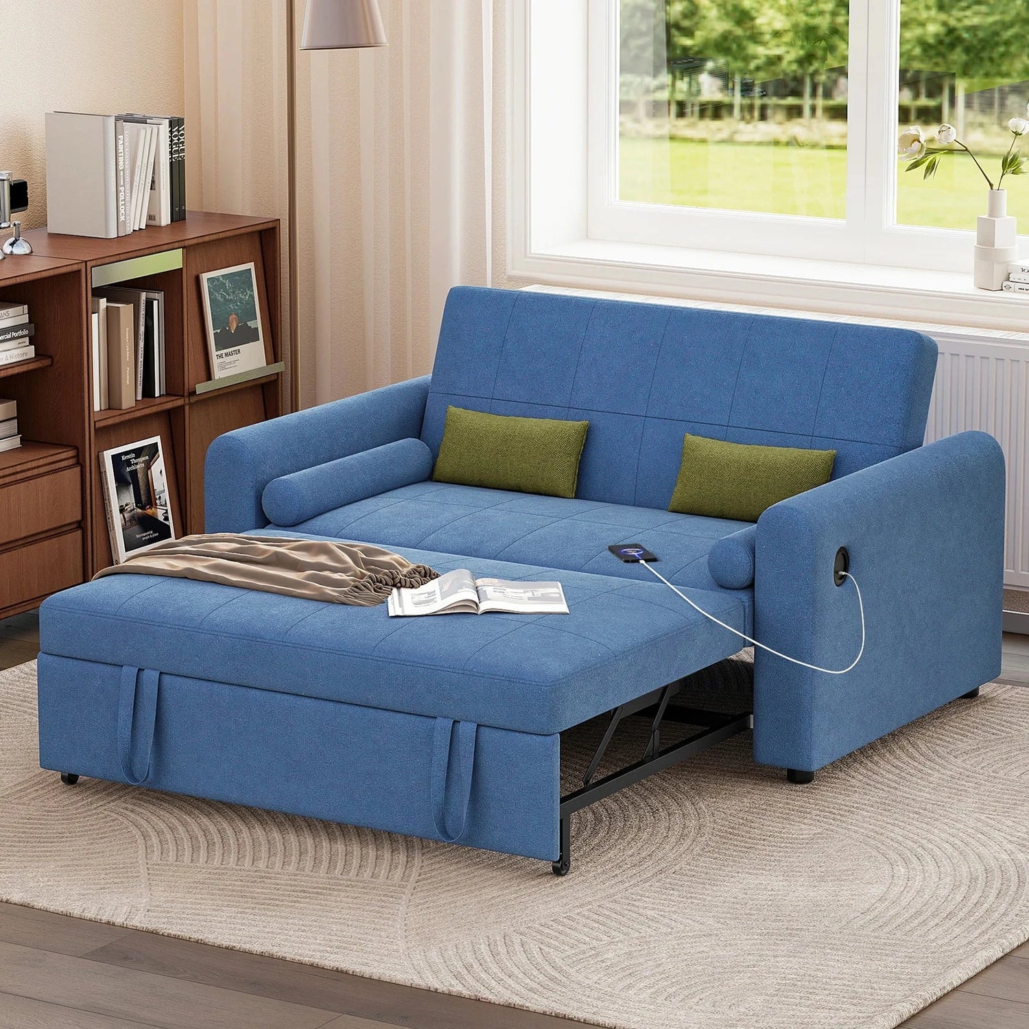 3-in-1 Convertible 2-Seater Sofa Bed with USB &amp; Storage Pockets Sofa Bed For Livingroom Manwatstore