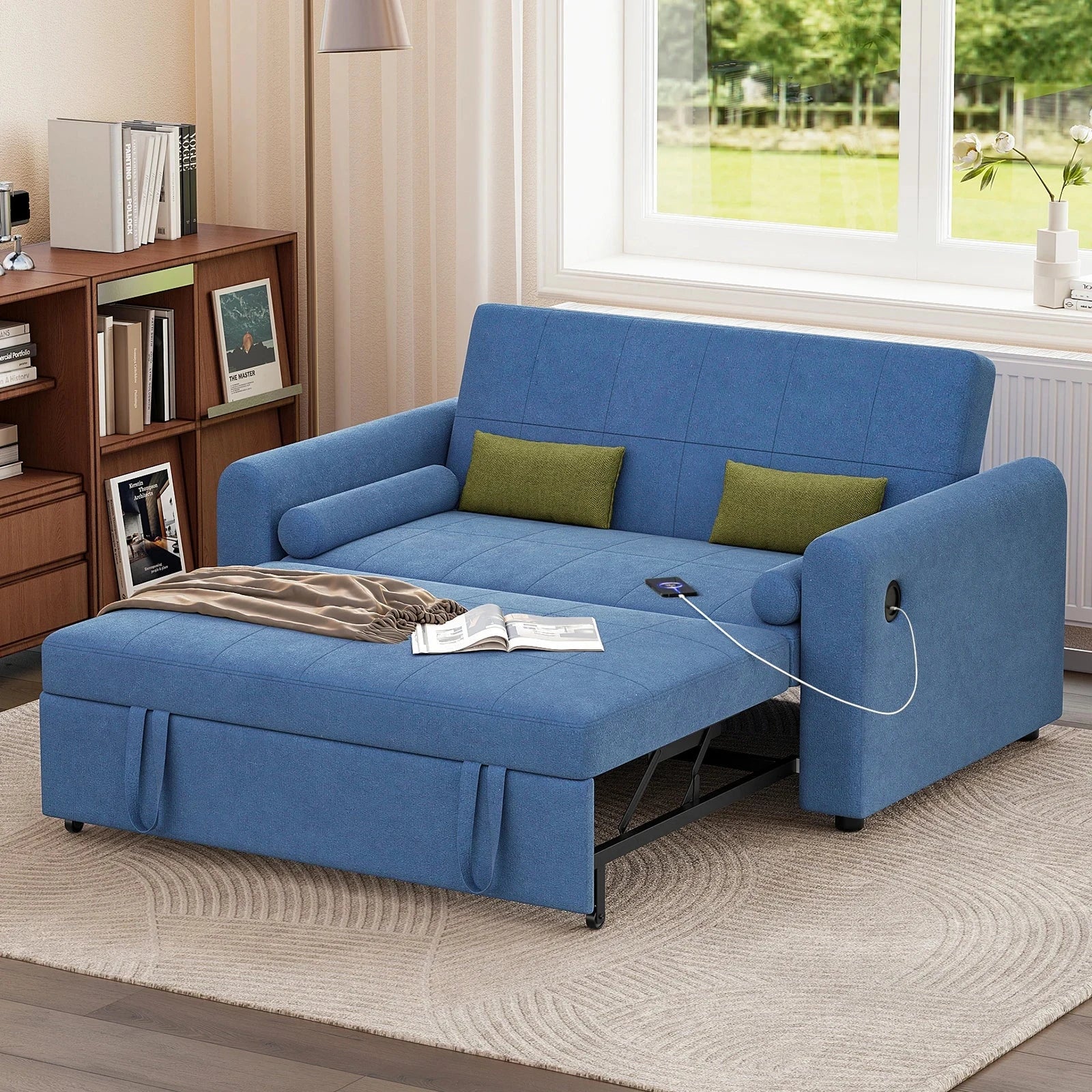 3-in-1 Convertible 2-Seater Sofa Bed with USB &amp; Storage Pockets Sofa Bed For Livingroom Manwatstore