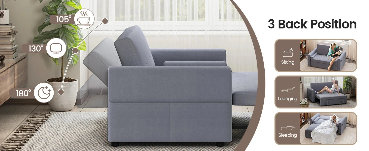 3-in-1 Convertible 2-Seater Sofa Bed with USB & Storage Pockets Sofa Bed For Livingroom Manwatstore