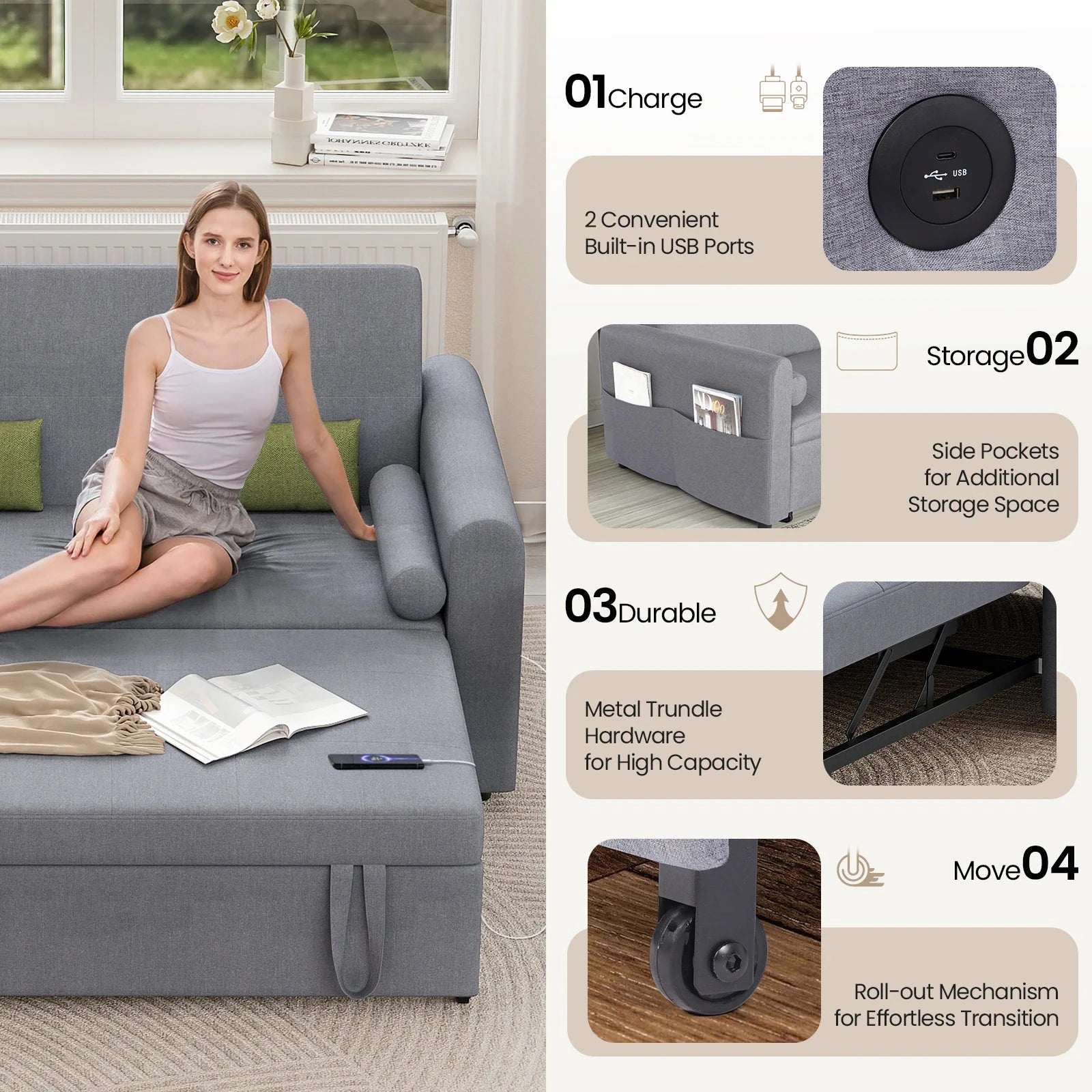 3-in-1 Convertible 2-Seater Sofa Bed with USB &amp; Storage Pockets Sofa Bed For Livingroom Manwatstore