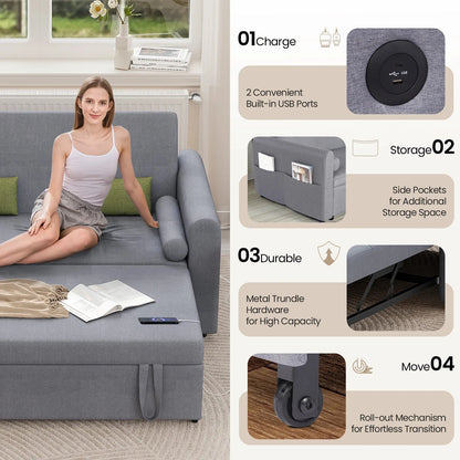 3-in-1 Convertible 2-Seater Sofa Bed with USB &amp; Storage Pockets Sofa Bed For Livingroom Manwatstore