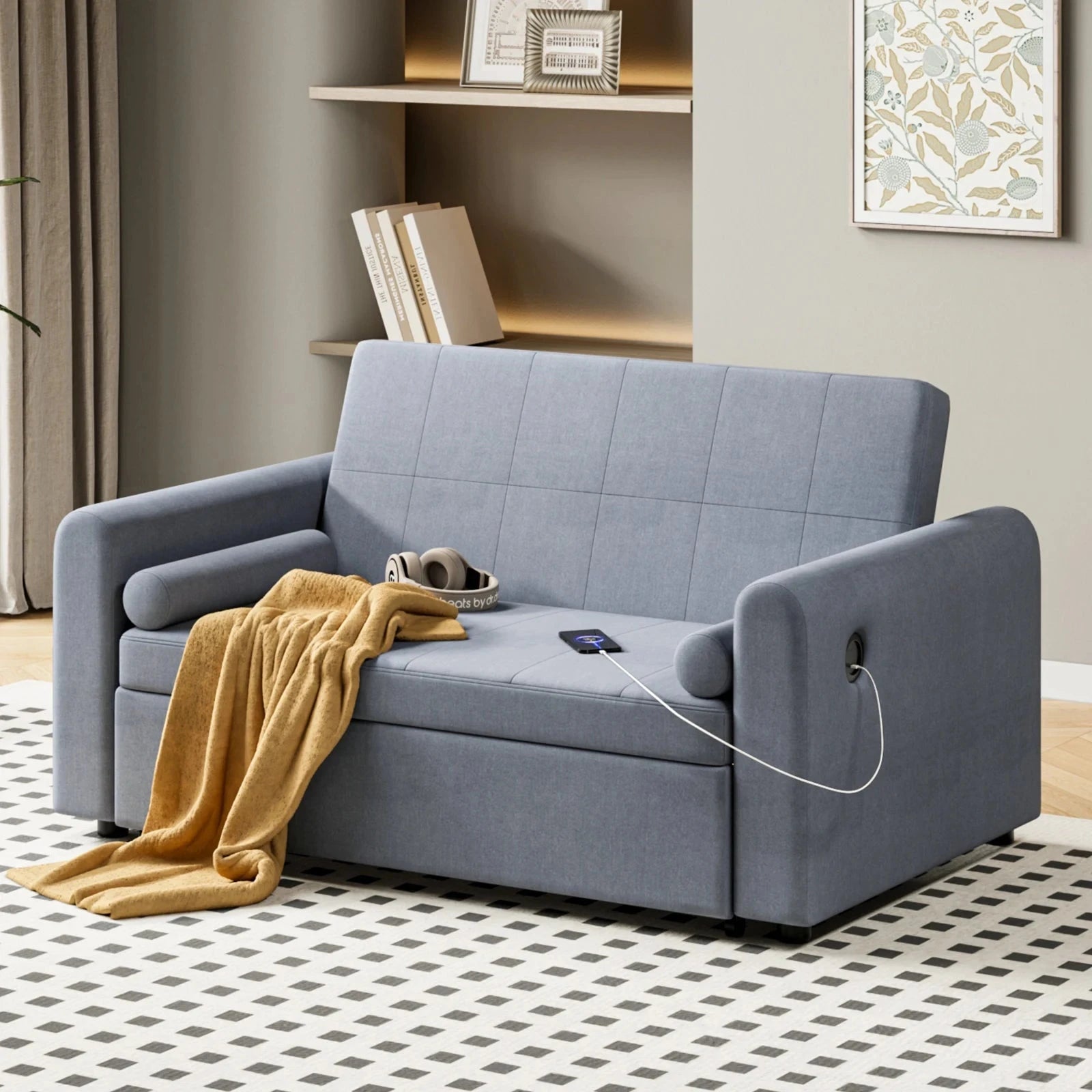 3-in-1 Convertible 2-Seater Sofa Bed with USB &amp; Storage Pockets Sofa Bed For Livingroom Manwatstore