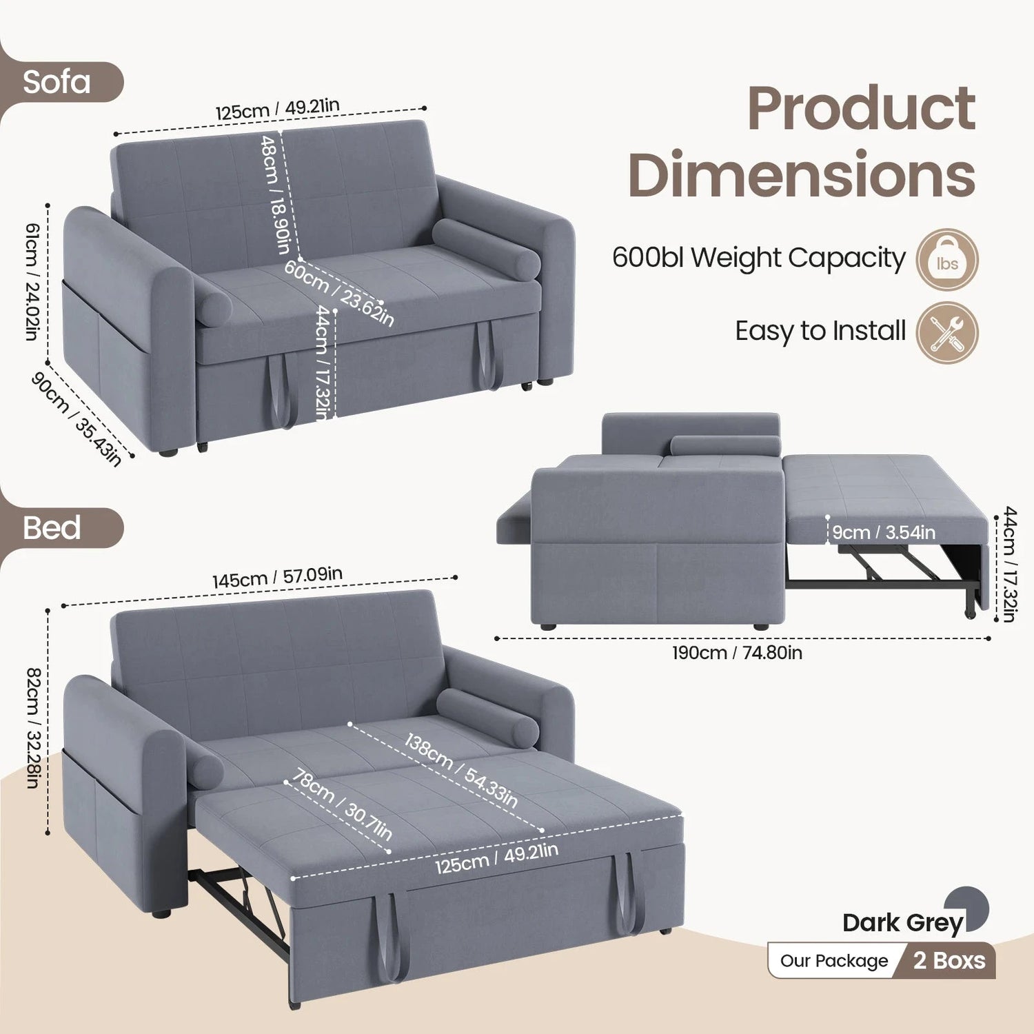 3-in-1 Convertible 2-Seater Sofa Bed with USB &amp; Storage Pockets Sofa Bed For Livingroom Manwatstore