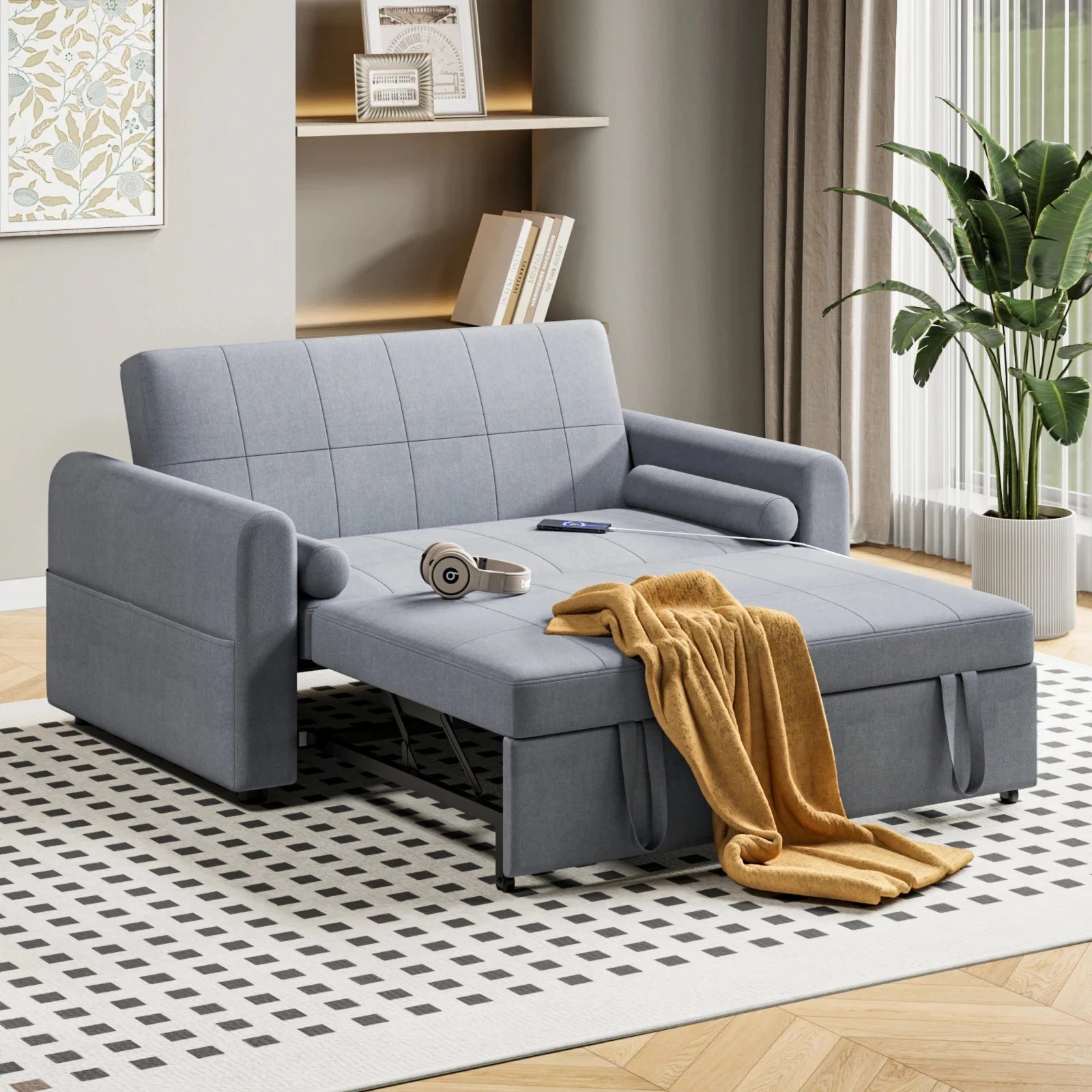 3-in-1 Convertible 2-Seater Sofa Bed with USB &amp; Storage Pockets Sofa Bed For Livingroom Manwatstore