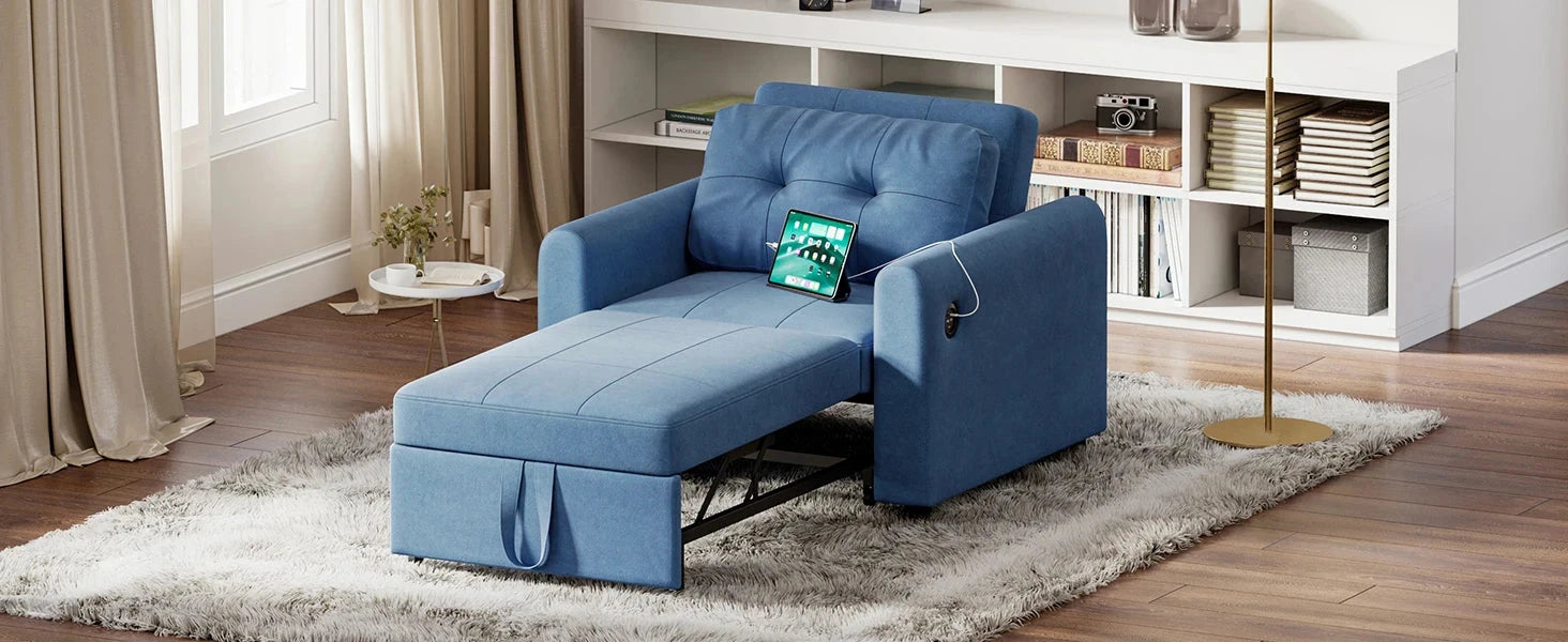 3-in-1 Convertible Sofa Bed with USB &amp; Type-C | Single Pull-Out Sleeper Chair Manwatstore