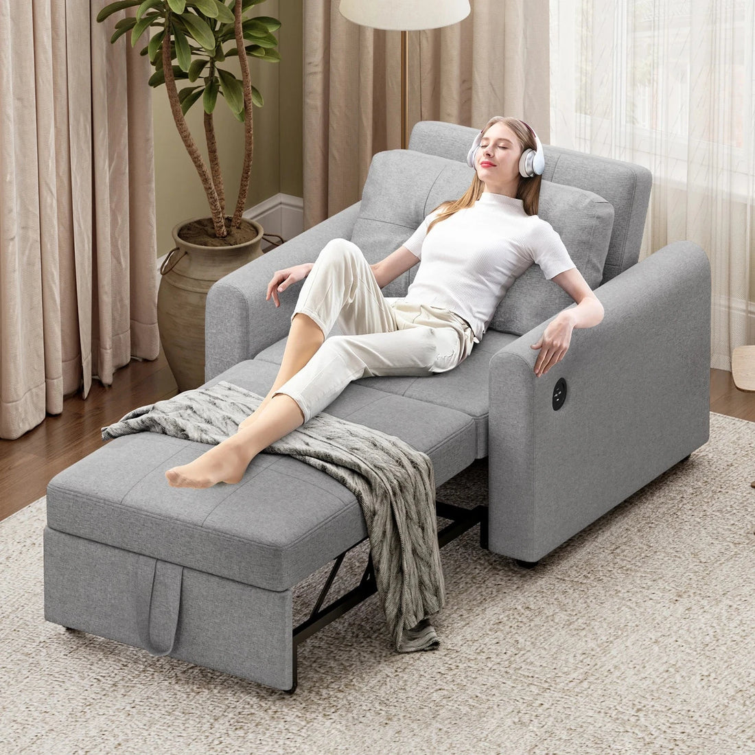 3-in-1 Convertible Sofa Bed with USB &amp; Type-C | Single Pull-Out Sleeper Chair Manwatstore