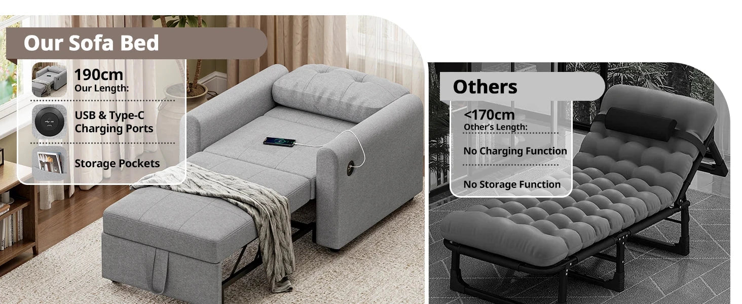 3-in-1 Convertible Sofa Bed with USB &amp; Type-C | Single Pull-Out Sleeper Chair Manwatstore