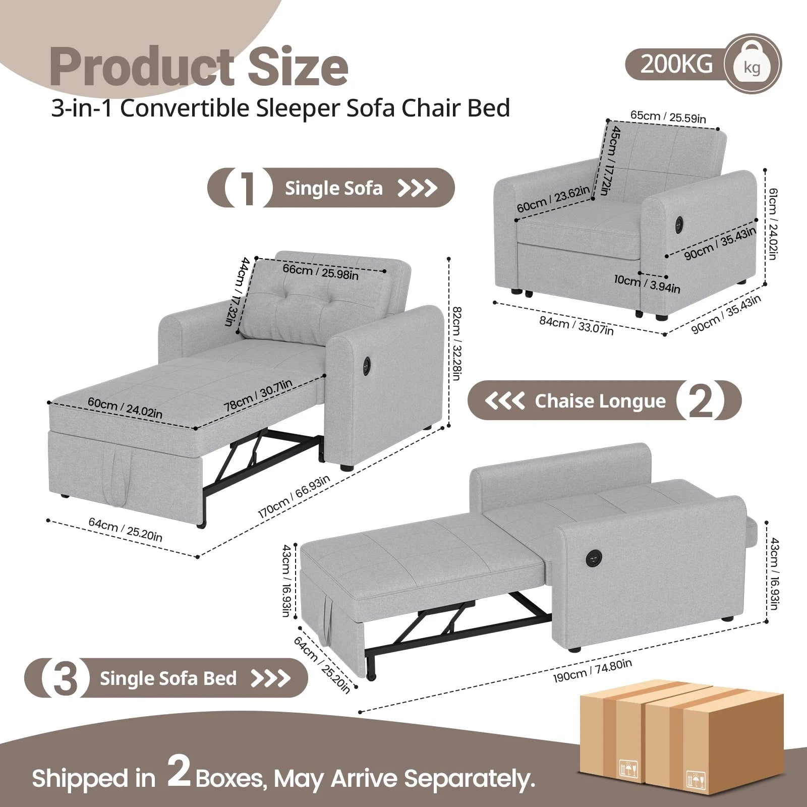 3-in-1 Convertible Sofa Bed with USB &amp; Type-C | Single Pull-Out Sleeper Chair Manwatstore