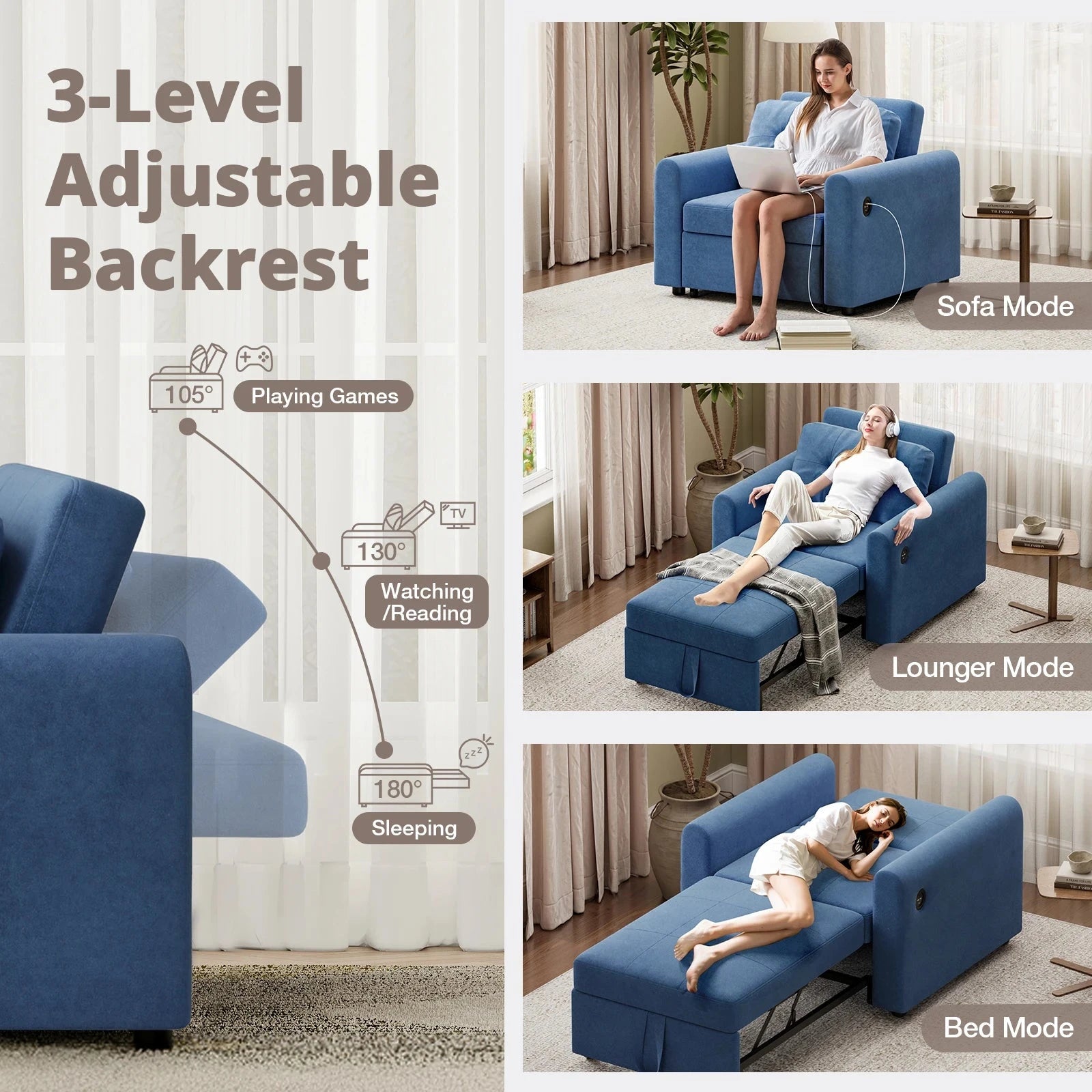 3-in-1 Convertible Sofa Bed with USB &amp; Type-C | Single Pull-Out Sleeper Chair Manwatstore