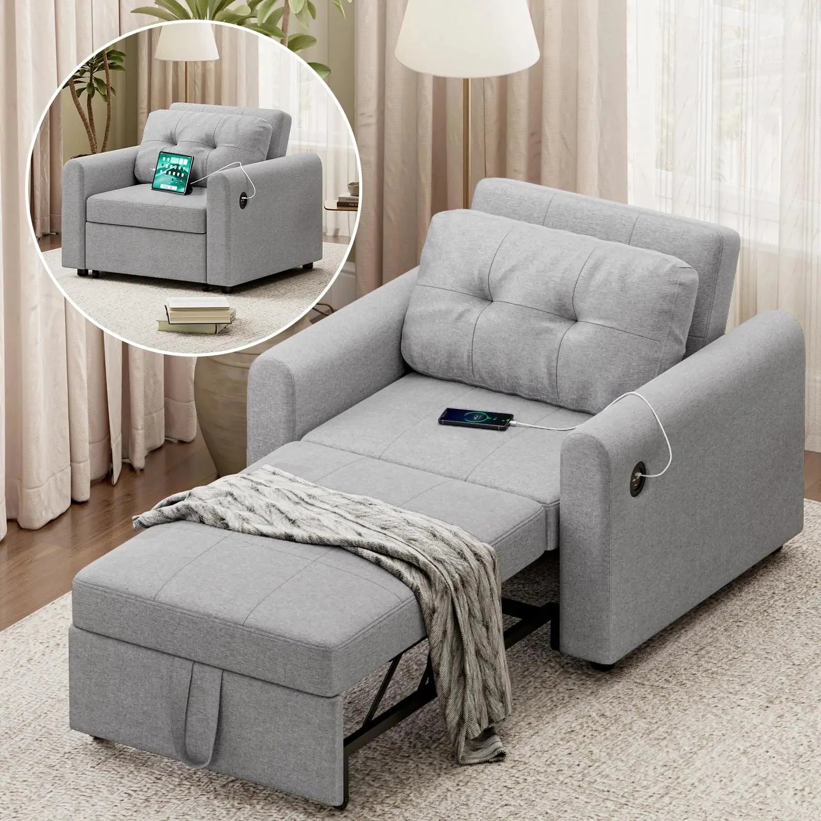 3-in-1 Convertible Sofa Bed with USB &amp; Type-C | Single Pull-Out Sleeper Chair Manwatstore
