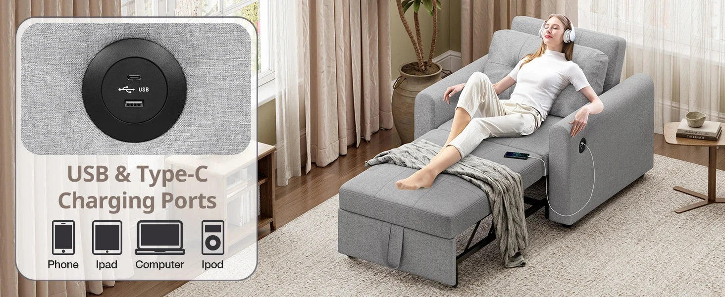 3-in-1 Convertible Sofa Bed with USB &amp; Type-C | Single Pull-Out Sleeper Chair Manwatstore