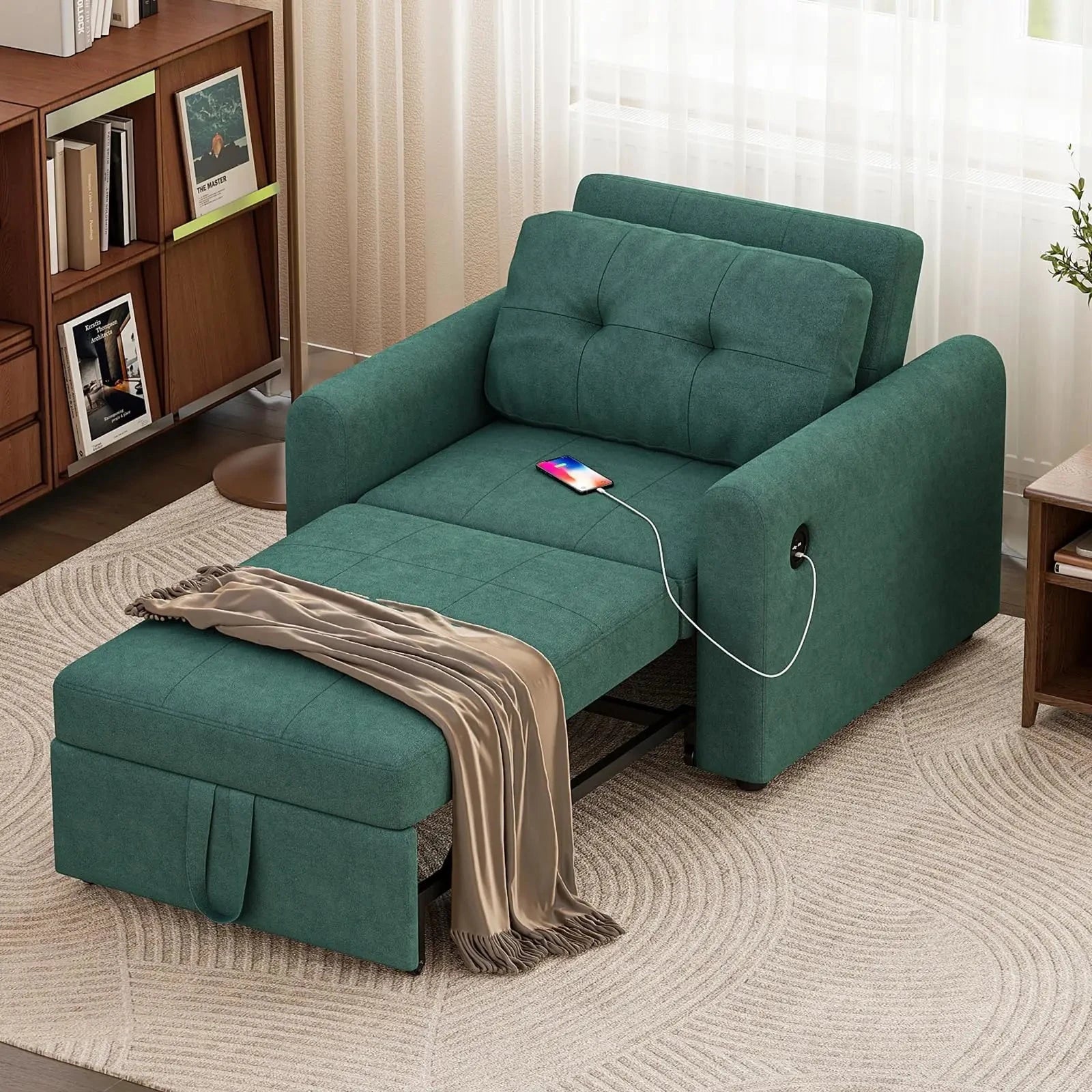 3-in-1 Convertible Sofa Bed with USB &amp; Type-C | Single Pull-Out Sleeper Chair Manwatstore