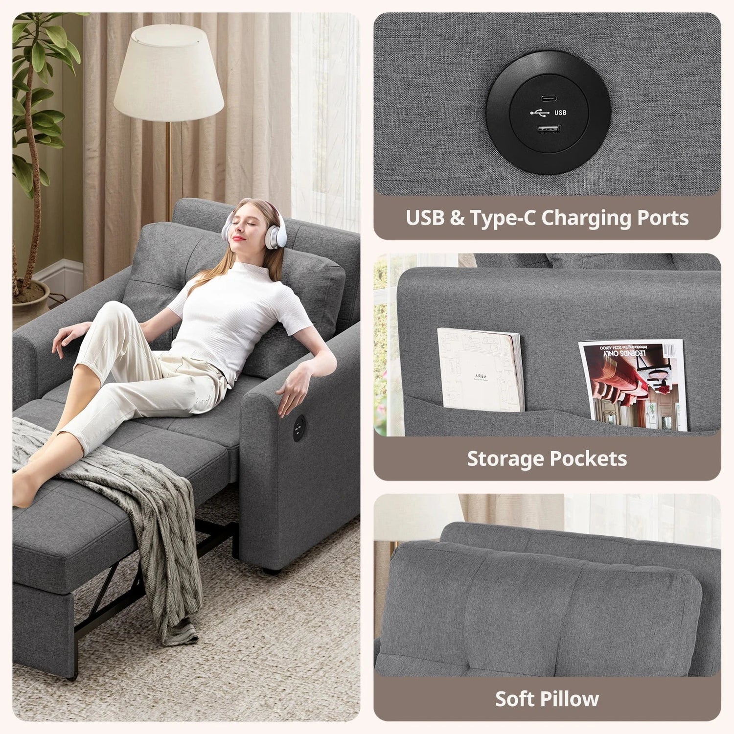 3-in-1 Convertible Sofa Bed with USB &amp; Type-C | Single Pull-Out Sleeper Chair Manwatstore