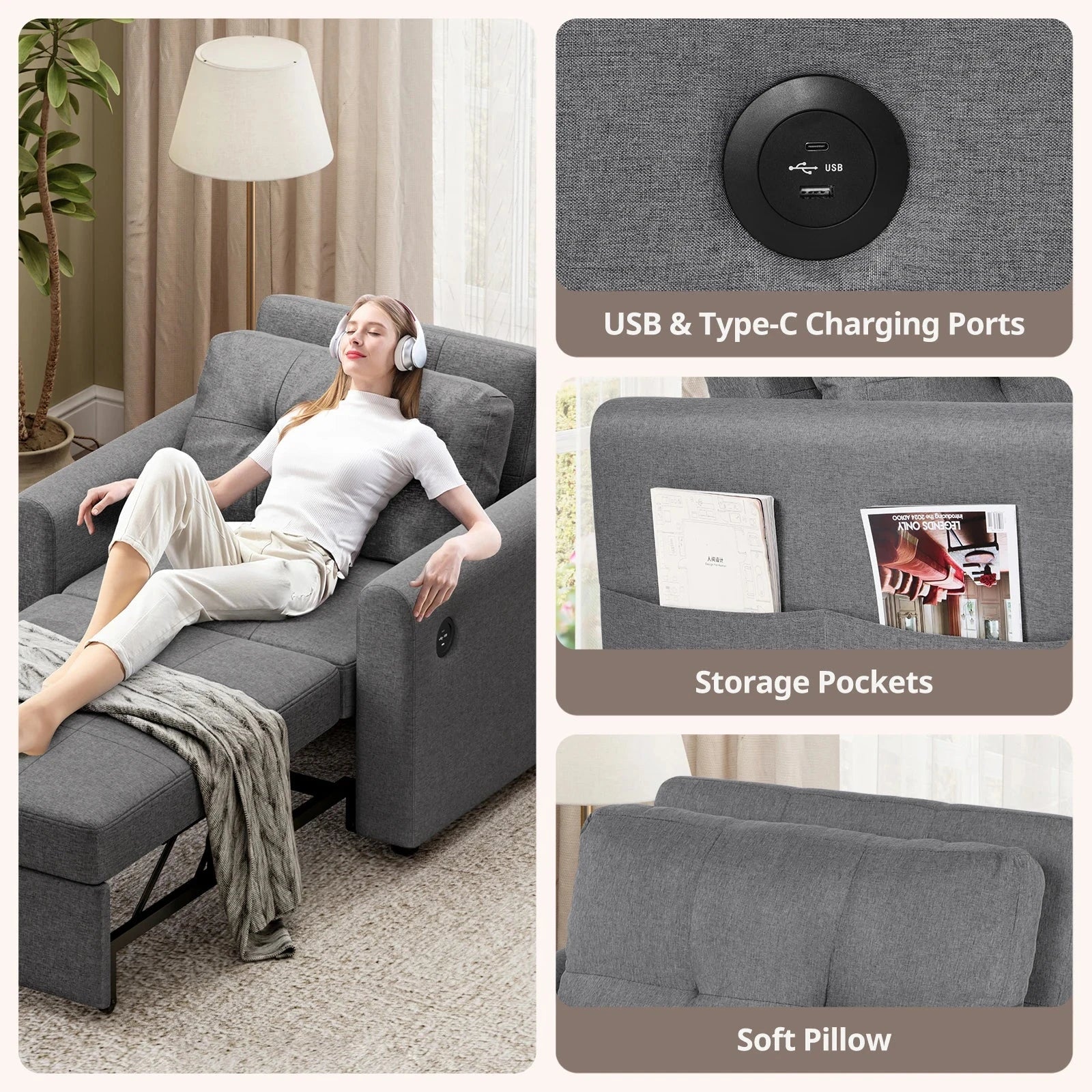 3-in-1 Convertible Sofa Bed with USB &amp; Type-C | Single Pull-Out Sleeper Chair Manwatstore
