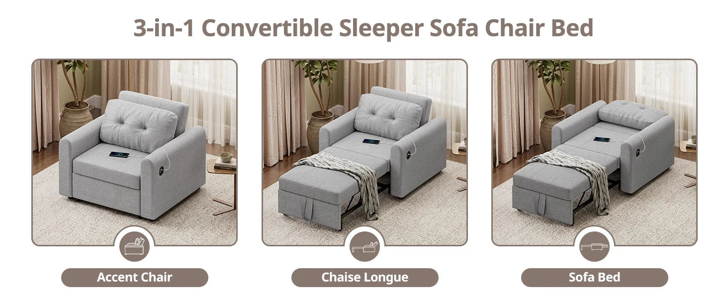 3-in-1 Convertible Sofa Bed with USB &amp; Type-C | Single Pull-Out Sleeper Chair Manwatstore