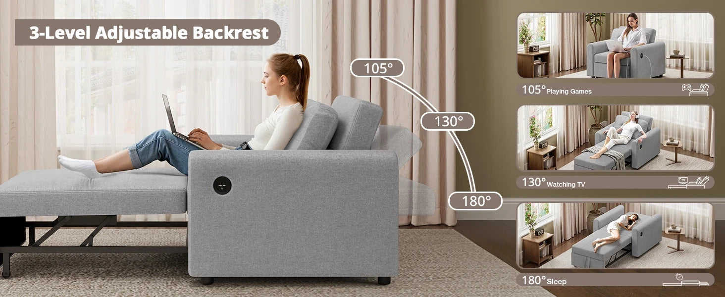 3-in-1 Convertible Sofa Bed with USB &amp; Type-C | Single Pull-Out Sleeper Chair Manwatstore
