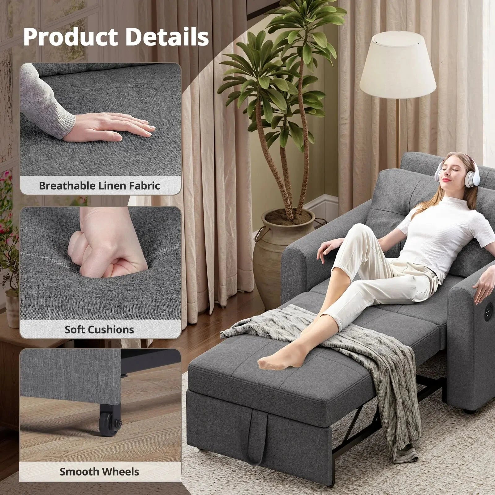 3-in-1 Convertible Sofa Bed with USB &amp; Type-C | Single Pull-Out Sleeper Chair Manwatstore