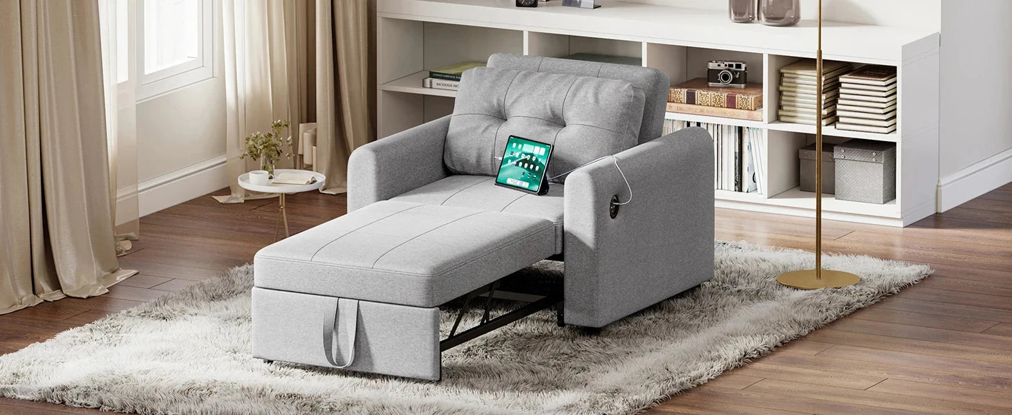 3-in-1 Convertible Sofa Bed with USB &amp; Type-C | Single Pull-Out Sleeper Chair Manwatstore