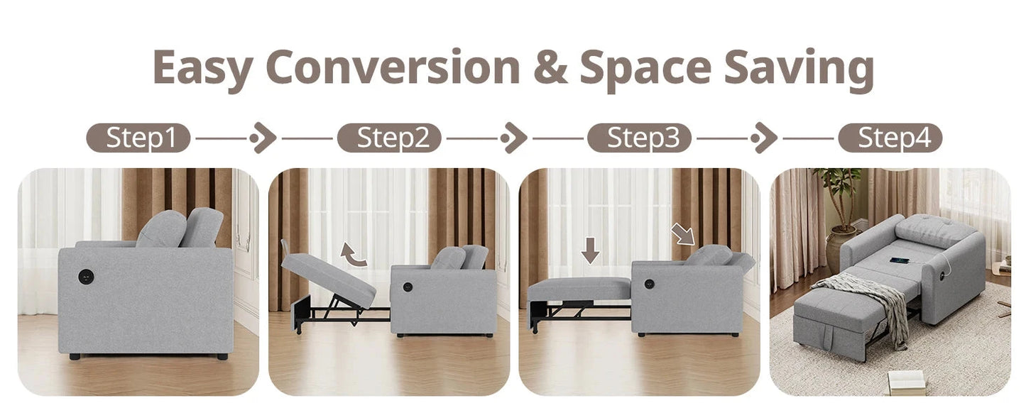 3-in-1 Convertible Sofa Bed with USB & Type-C | Single Pull-Out Sleeper Chair Manwatstore