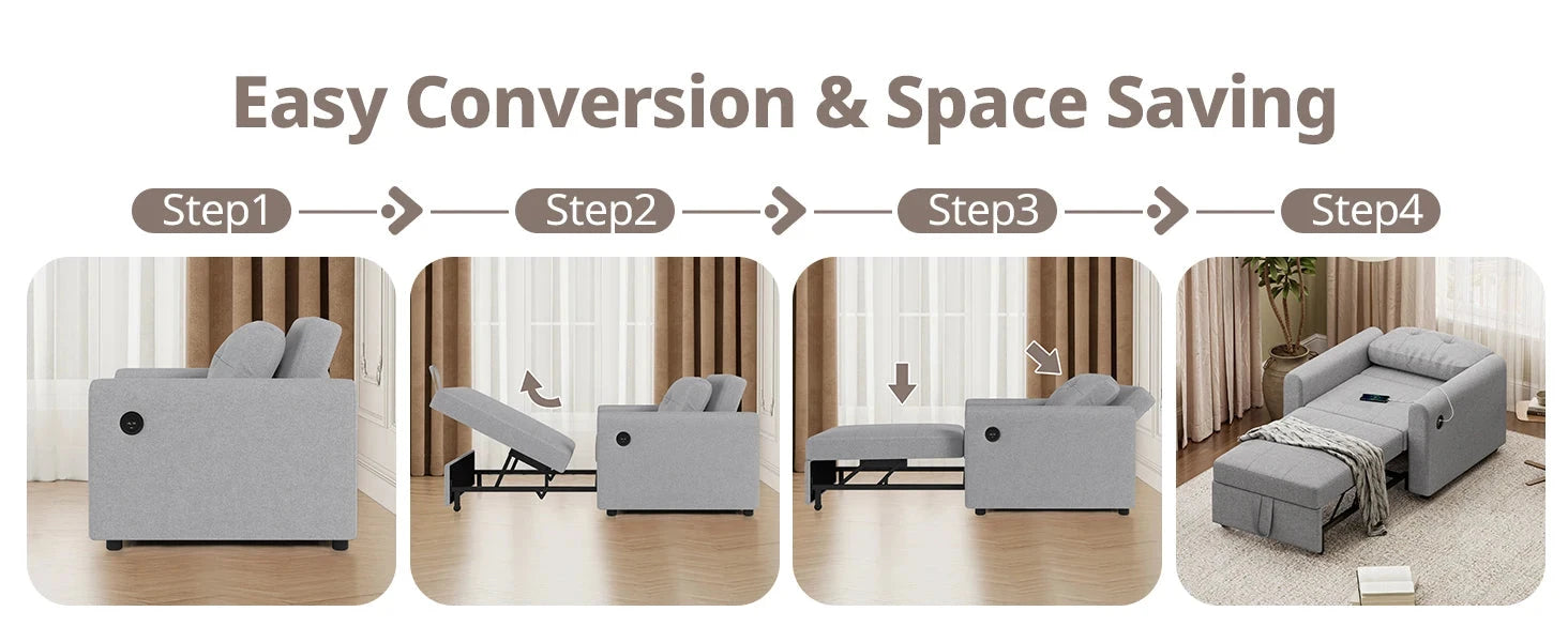 3-in-1 Convertible Sofa Bed with USB &amp; Type-C | Single Pull-Out Sleeper Chair Manwatstore