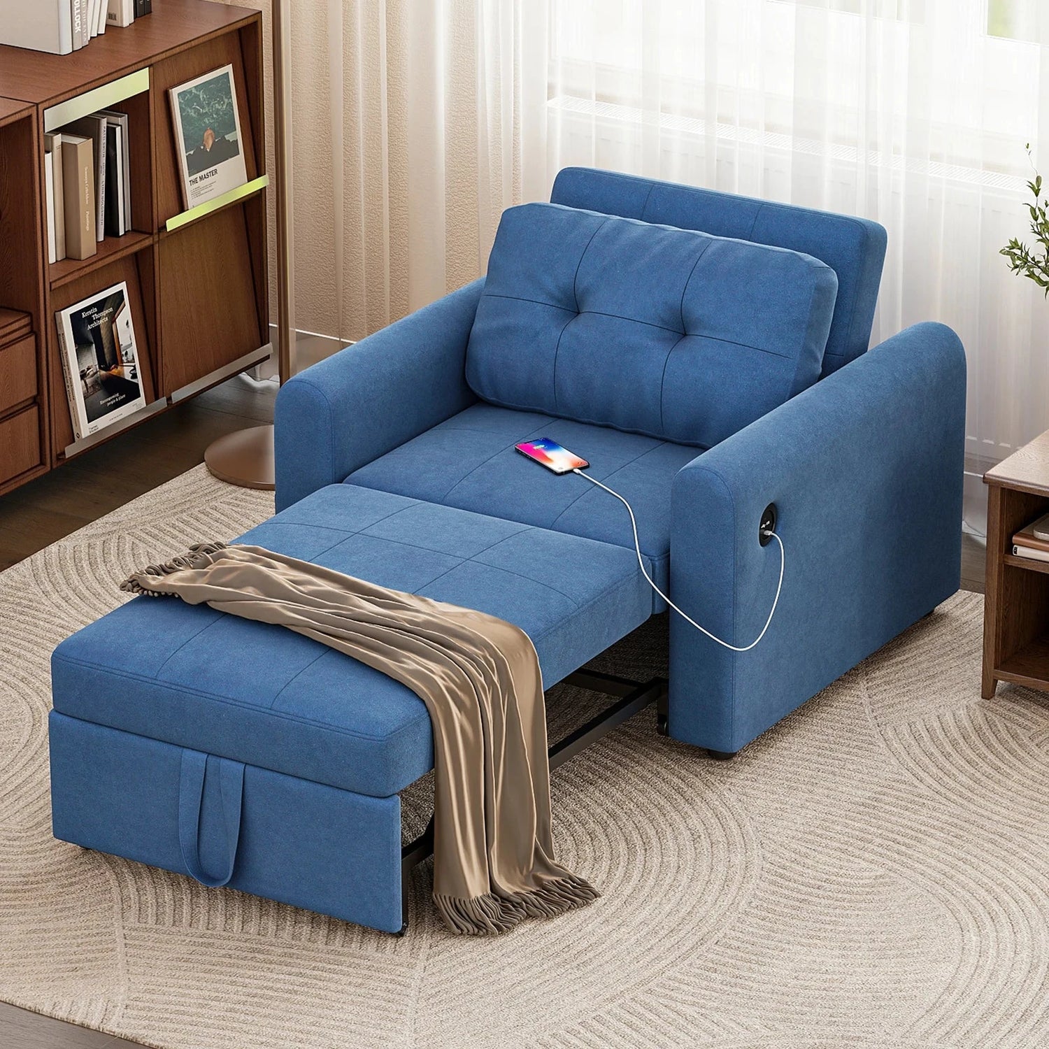 3-in-1 Single Sofa Bed Chair with Pull-Out Sleeper, USB Charging Ports &amp; Side Pocket Manwatstore