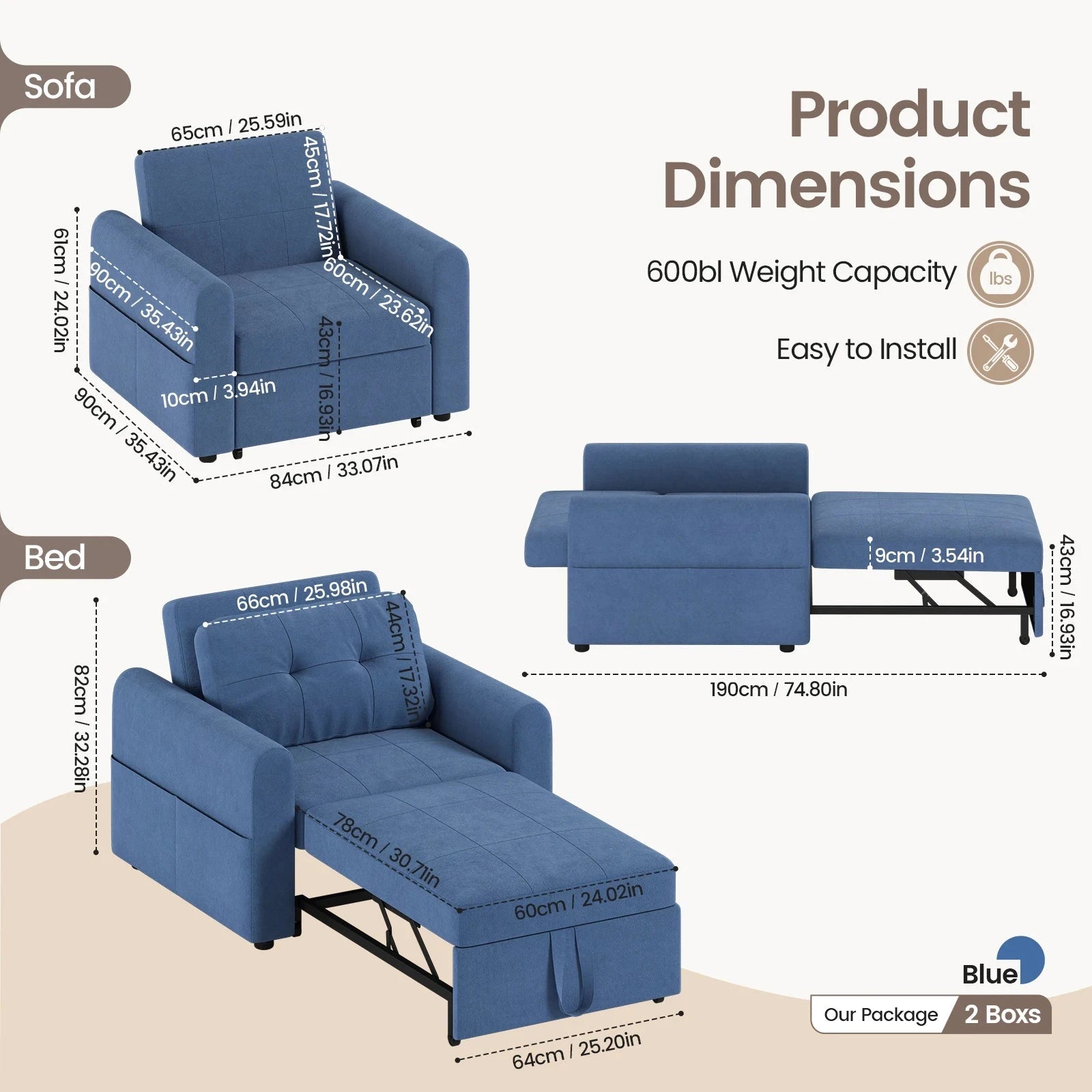3-in-1 Single Sofa Bed Chair with Pull-Out Sleeper, USB Charging Ports &amp; Side Pocket Manwatstore