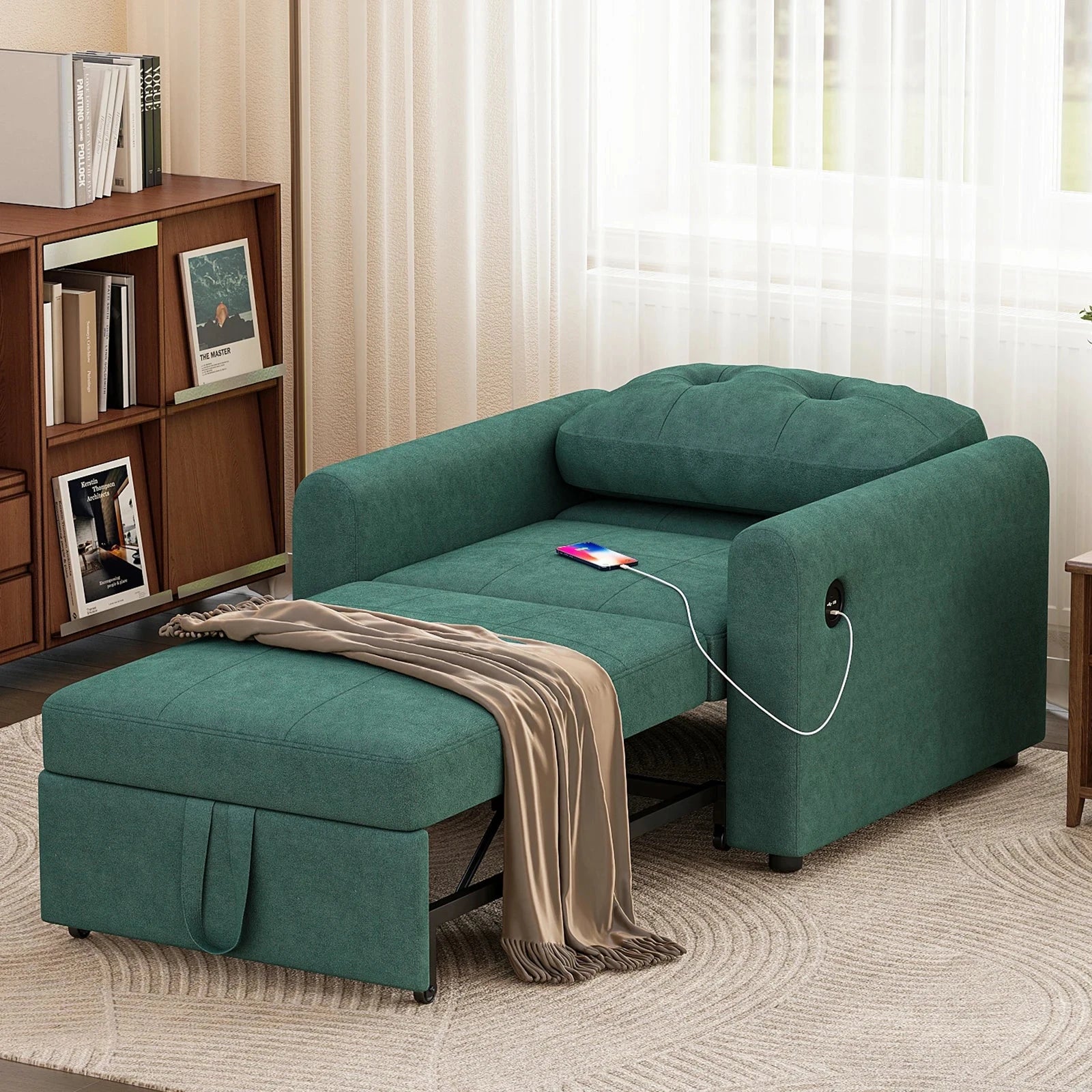 3-in-1 Single Sofa Bed Chair with Pull-Out Sleeper, USB Charging Ports & Side Pocket Manwatstore