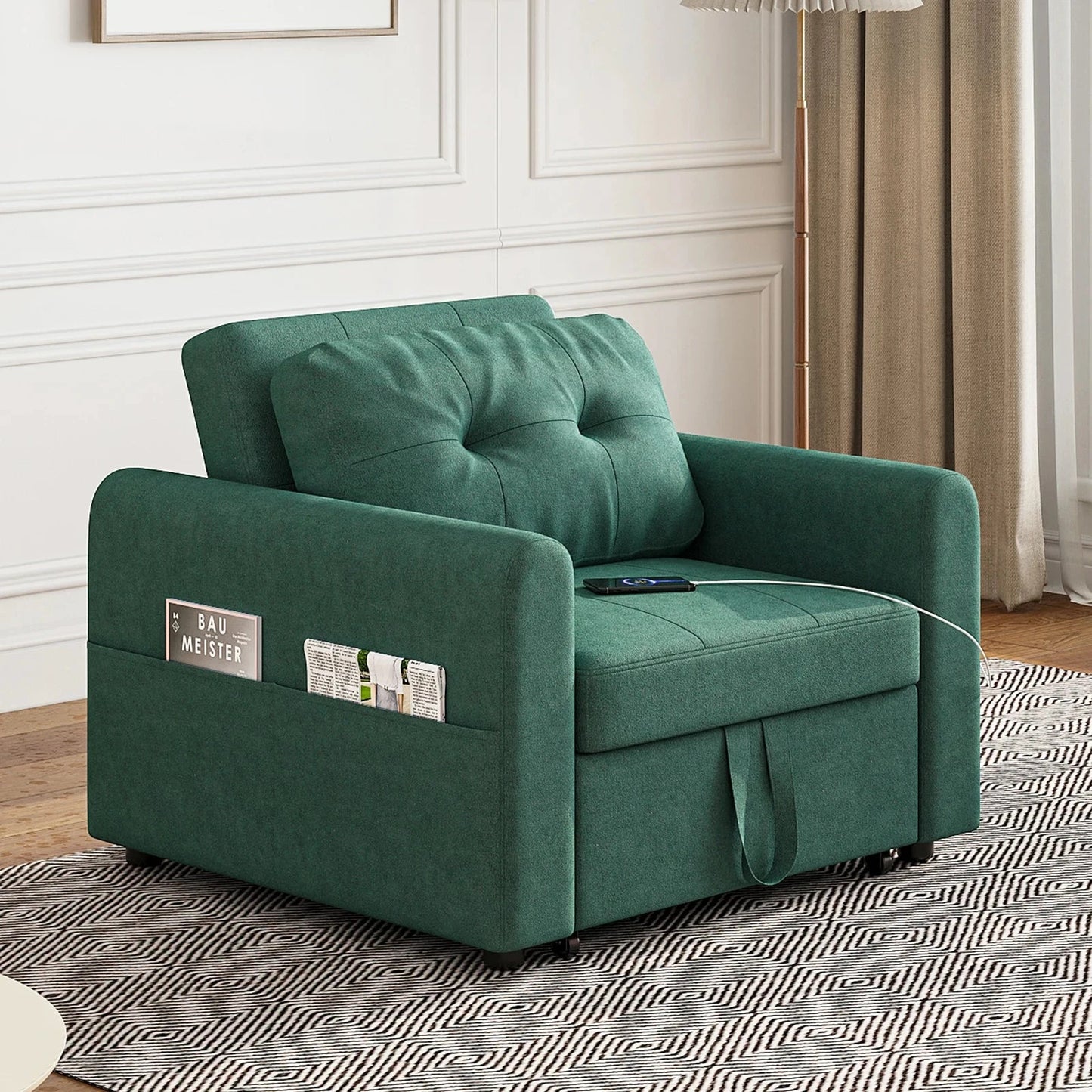 3-in-1 Single Sofa Bed Chair with Pull-Out Sleeper, USB Charging Ports & Side Pocket Manwatstore