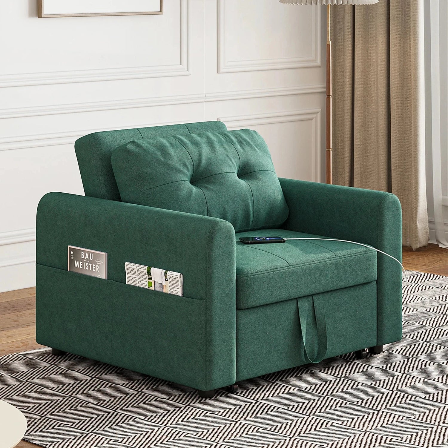 3-in-1 Single Sofa Bed Chair with Pull-Out Sleeper, USB Charging Ports &amp; Side Pocket Manwatstore