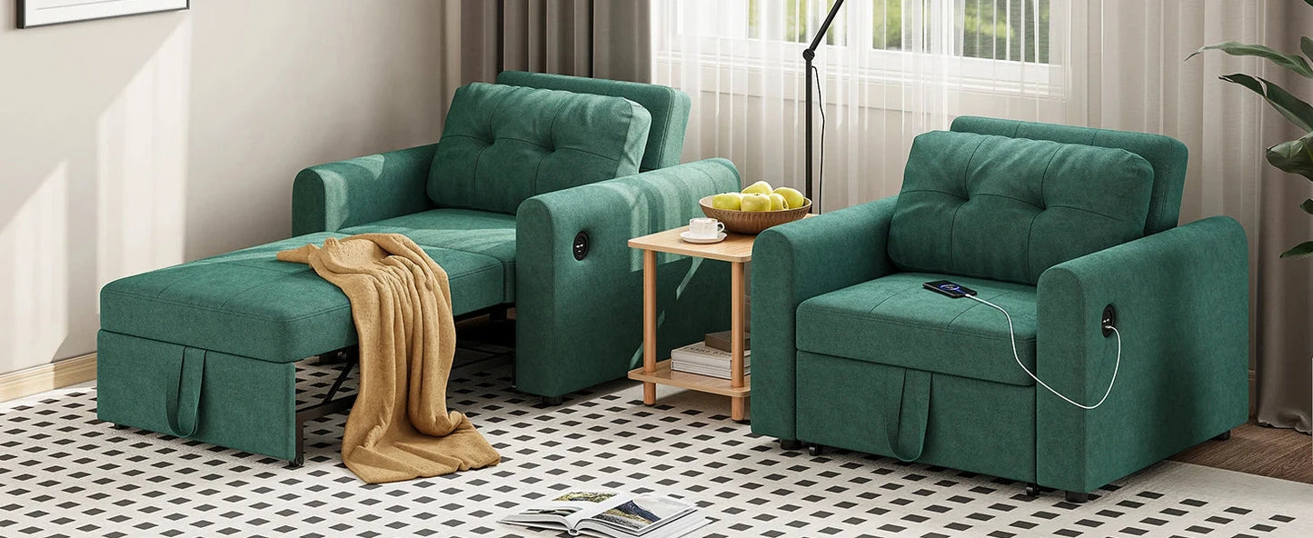 3-in-1 Single Sofa Bed Chair with Pull-Out Sleeper, USB Charging Ports & Side Pocket Manwatstore