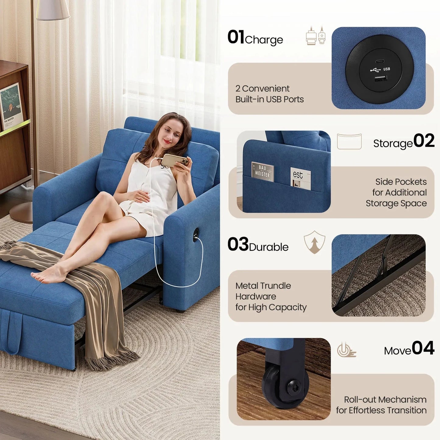 3-in-1 Single Sofa Bed Chair with Pull-Out Sleeper, USB Charging Ports & Side Pocket Manwatstore