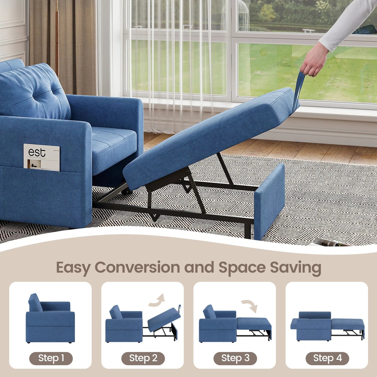3-in-1 Single Sofa Bed Chair with Pull-Out Sleeper, USB Charging Ports & Side Pocket Manwatstore