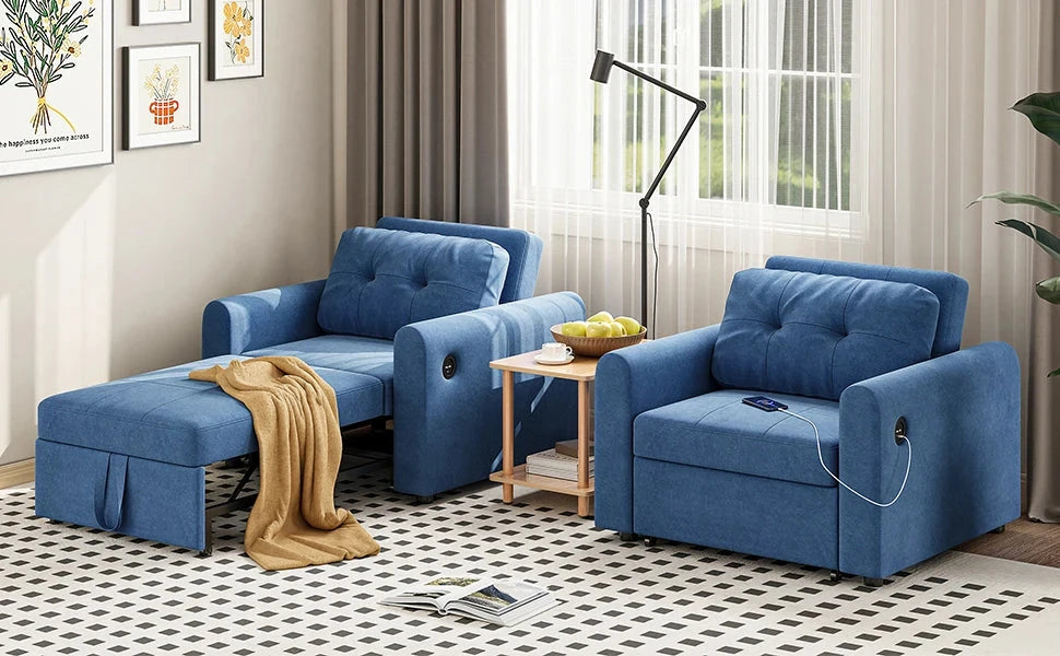 3-in-1 Single Sofa Bed Chair with Pull-Out Sleeper, USB Charging Ports &amp; Side Pocket Manwatstore