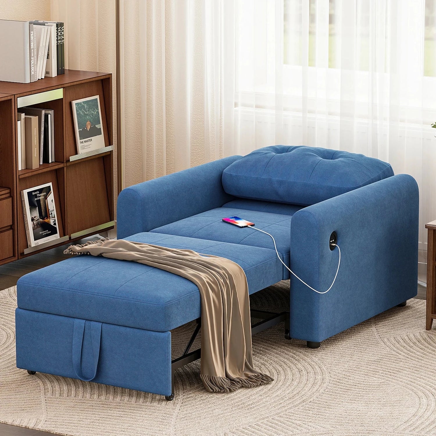 3-in-1 Single Sofa Bed Chair with Pull-Out Sleeper, USB Charging Ports &amp; Side Pocket Manwatstore