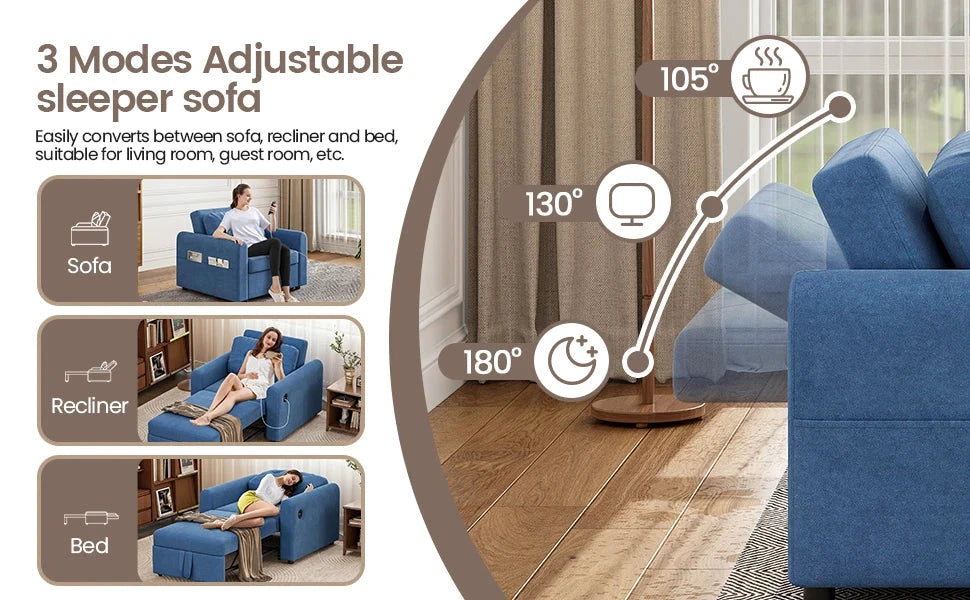 3-in-1 Single Sofa Bed Chair with Pull-Out Sleeper, USB Charging Ports & Side Pocket Manwatstore