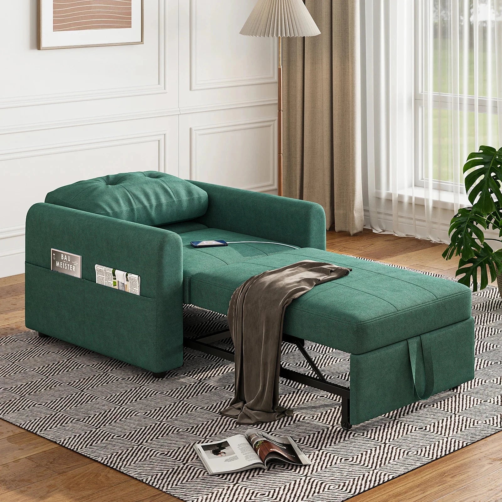 3-in-1 Single Sofa Bed Chair with Pull-Out Sleeper, USB Charging Ports & Side Pocket Manwatstore
