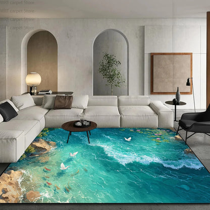 3D Ocean Beach Print Living Room Carpet Light Luxury Decoration Home Sofa Area Washable Rugs Hotel Bedroom Bedside Soft Foot Mat Manwatstore